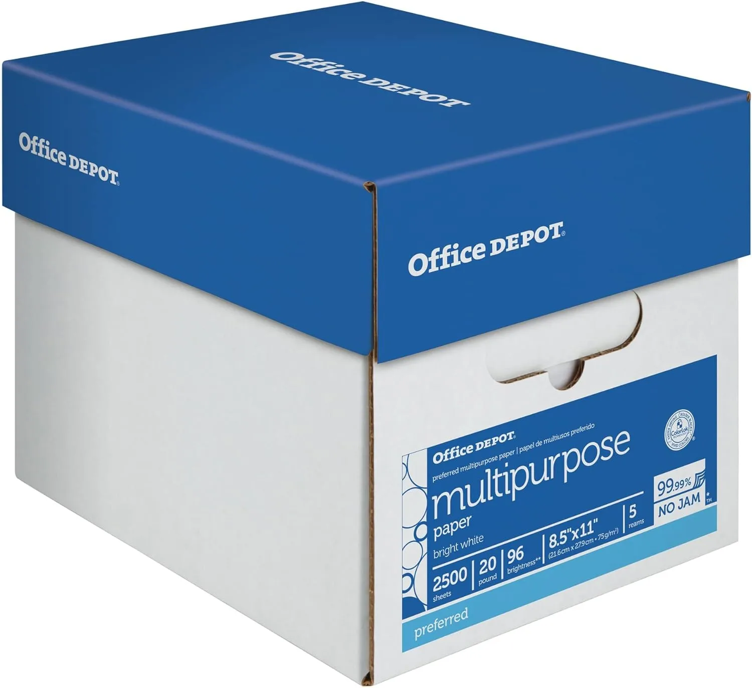 Office Depot Multi-Use Printer & Copy Paper, 5 Reams, White, Letter (8.5in x 11in), 2500 Sheets Per Case, 20 Lb, 96 Brightness, 58288