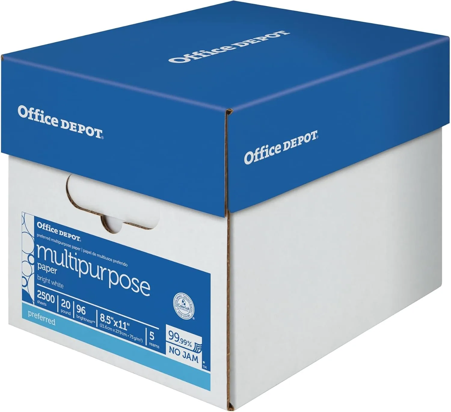 Office Depot Multi-Use Printer & Copy Paper, 5 Reams, White, Letter (8.5in x 11in), 2500 Sheets Per Case, 20 Lb, 96 Brightness, 58288