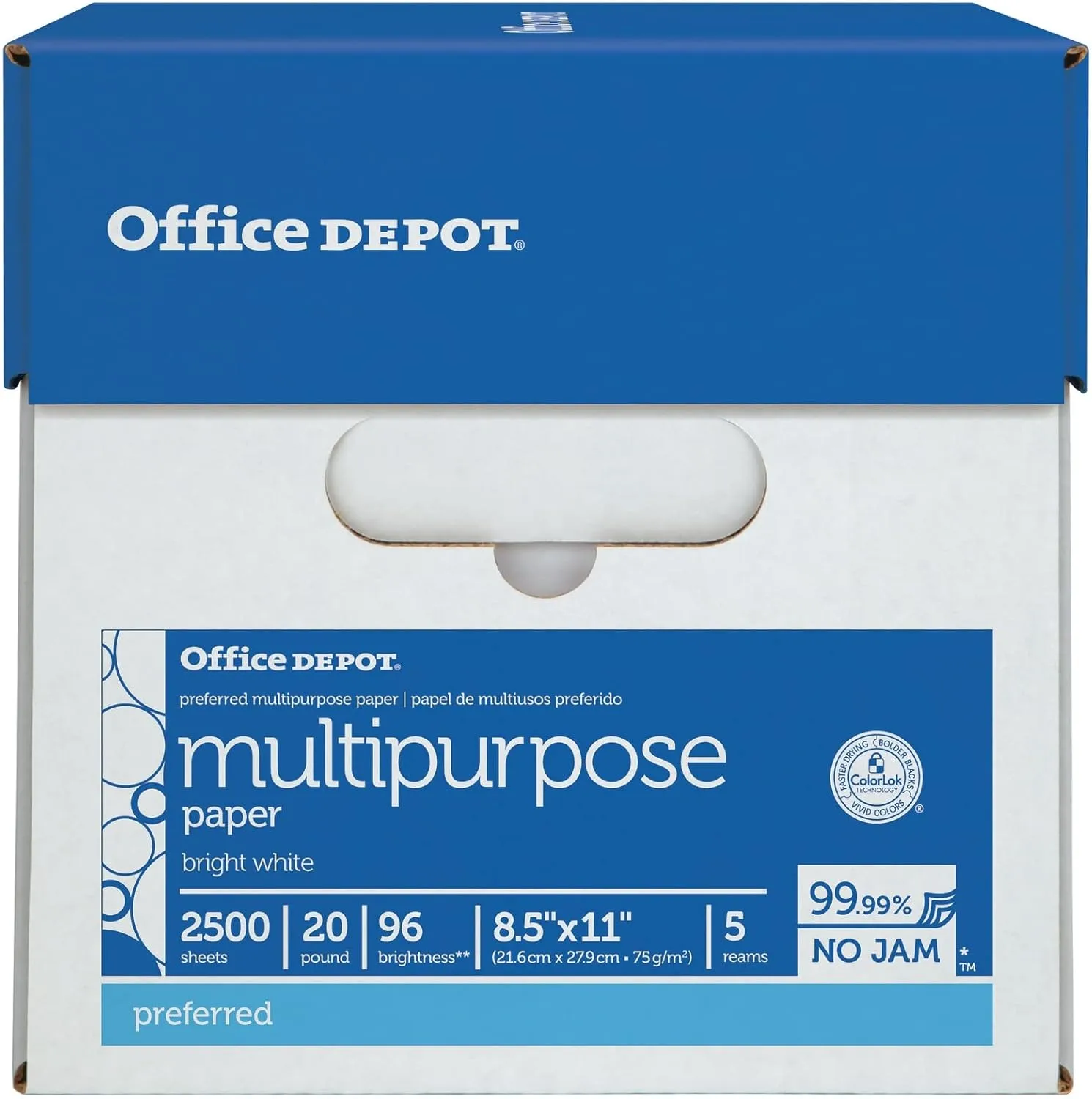 Office Depot Multi-Use Printer & Copy Paper, 5 Reams, White, Letter (8.5in x 11in), 2500 Sheets Per Case, 20 Lb, 96 Brightness, 58288