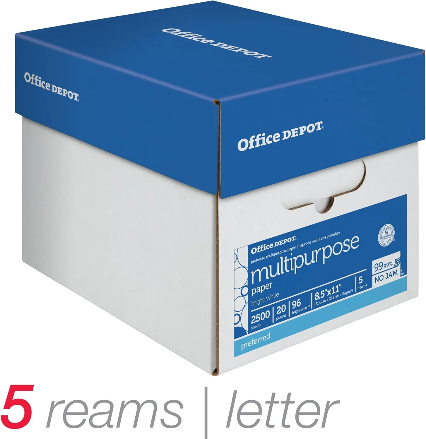Office Depot Multi-Use Printer & Copy Paper, 5 Reams, White, Letter (8.5in x 11in), 2500 Sheets Per Case, 20 Lb, 96 Brightness, 58288