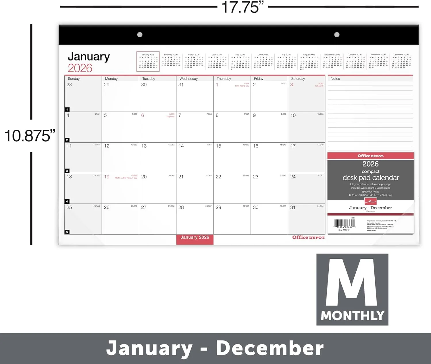 Office Depot Brand Monthly Desk Pad Calendar, 17 3/4" x 11", White, January 2026 to December 2026, OD20100026