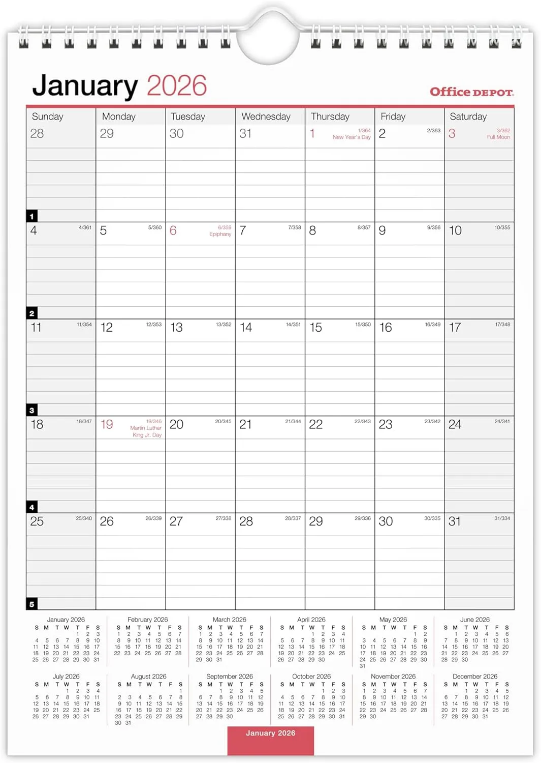 Office Depot Brand Monthly Wall Calendar, 8" x 11", White, January 2026 to December 2026, OD30132826