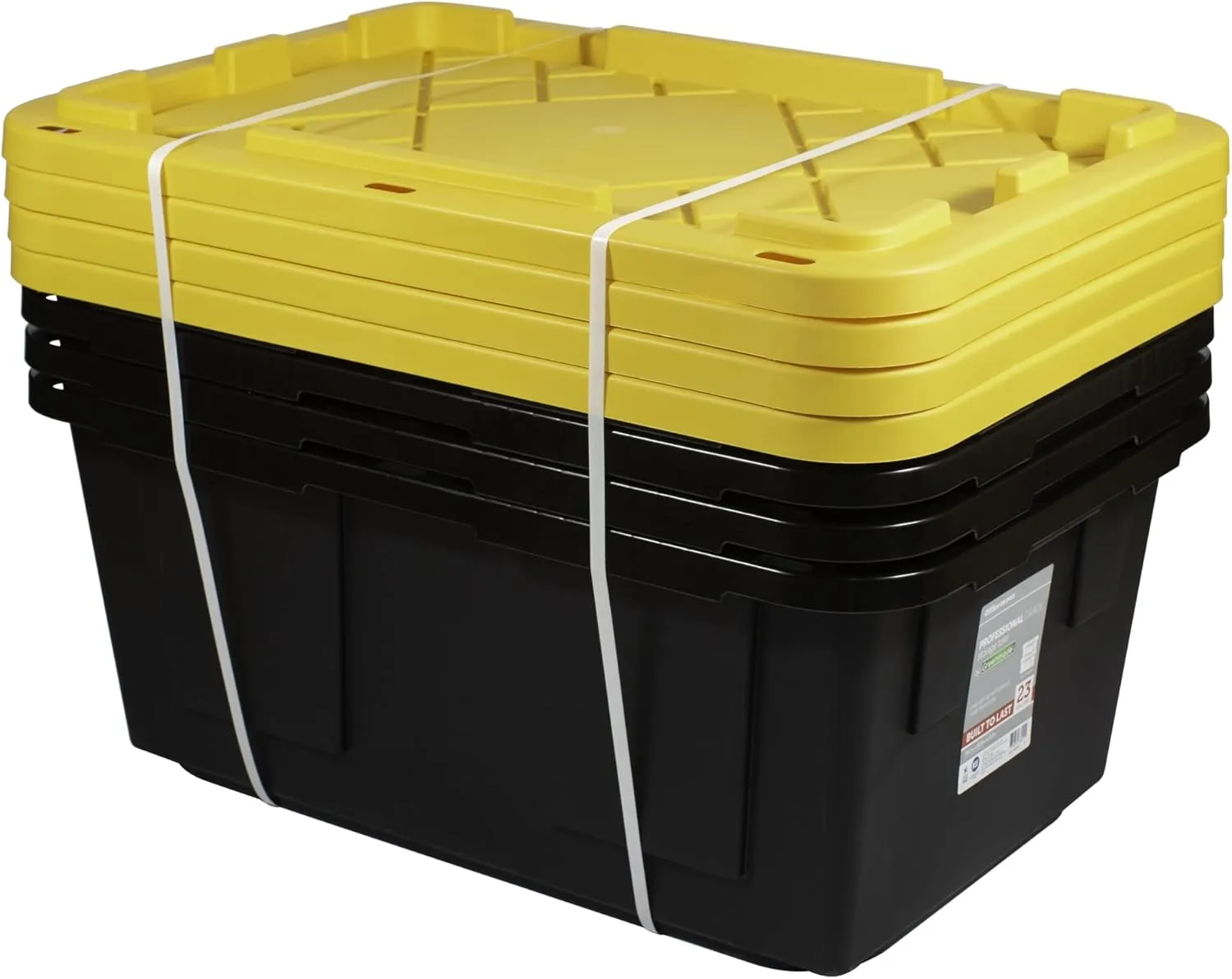 Office Depot Brand by Greenmade Professional Storage Totes, 23-Gallon, Black/Yellow, Pack Of 4
