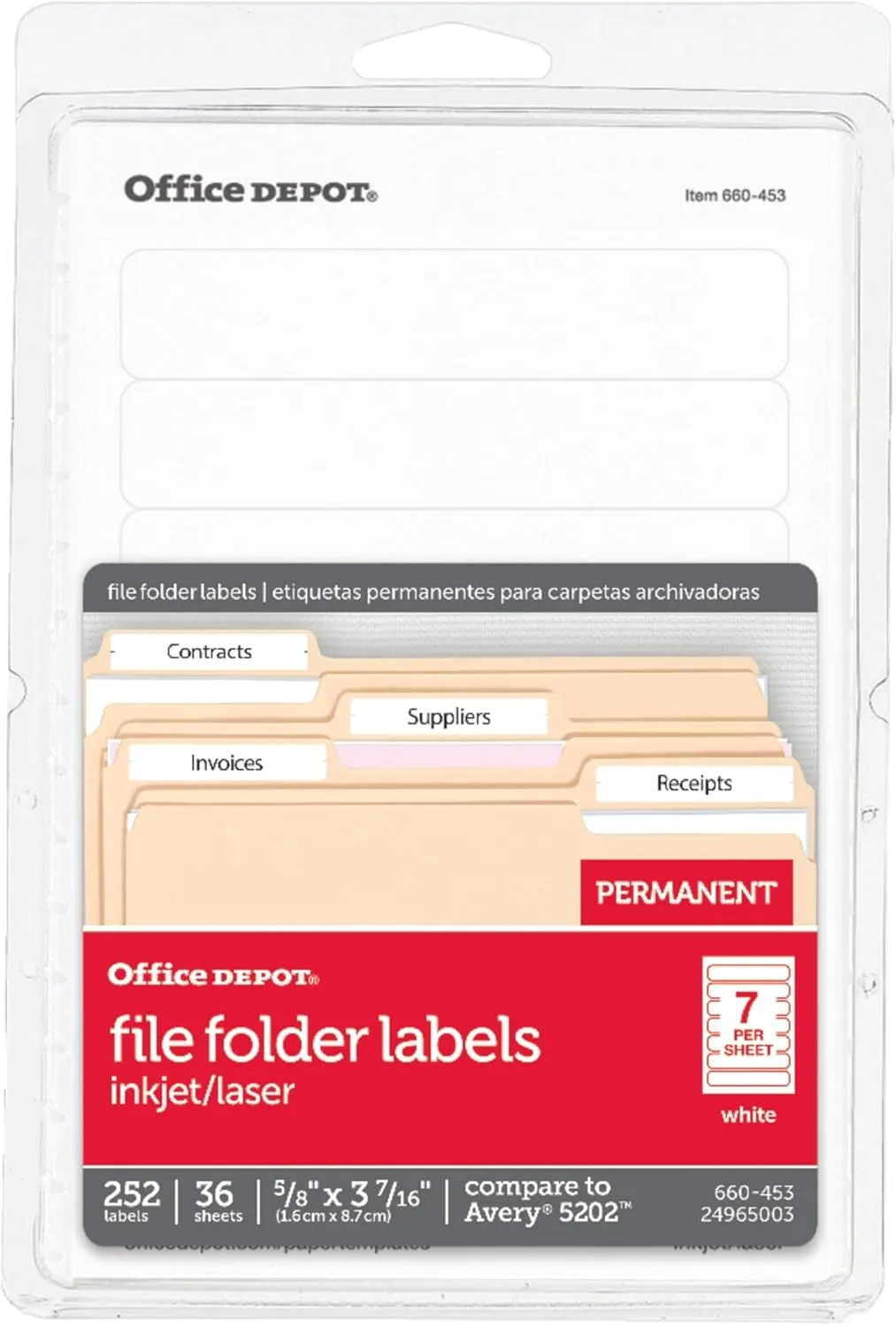 Office Depot Print-Or-Write Color Permanent Inkjet/Laser File Folder Labels, 5/8in. x 3 1/2in., White, 252 pk, OD98816