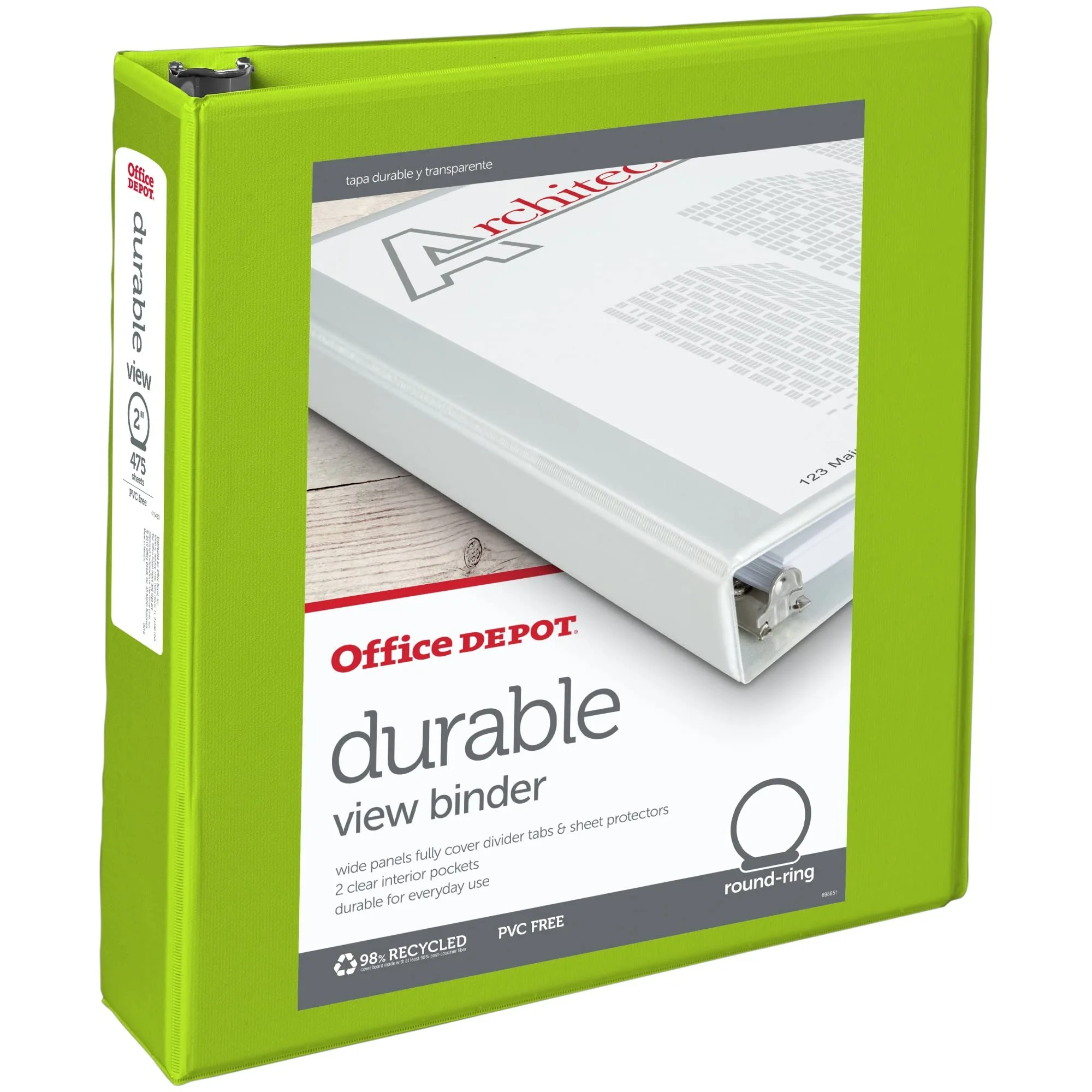 Office Depot Nonstick Round-Ring View Binder, 2in. Rings, 100% Recycled, Green, OD06617