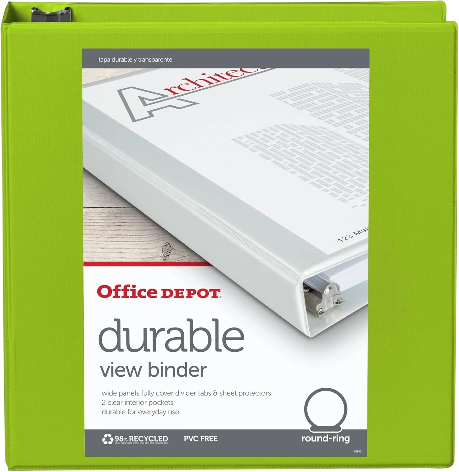 Office Depot Nonstick Round-Ring View Binder, 2in. Rings, 100% Recycled, Green, OD06617