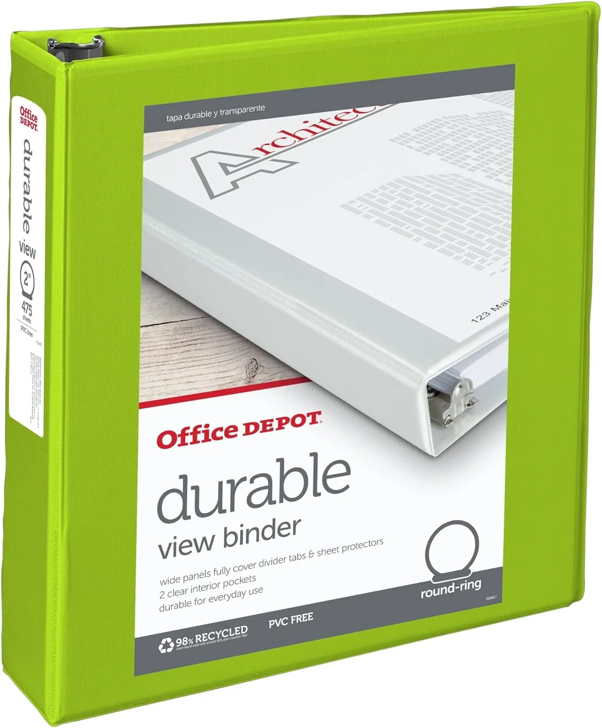 Office Depot Nonstick Round-Ring View Binder, 2in. Rings, 100% Recycled, Green, OD06617