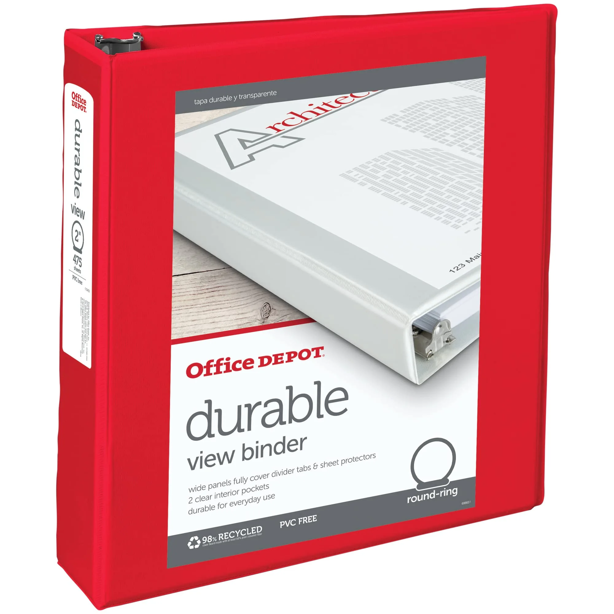 Office Depot Nonstick Round-Ring View Binder, 2in. Rings, 100% Recycled, Red, OD06621
