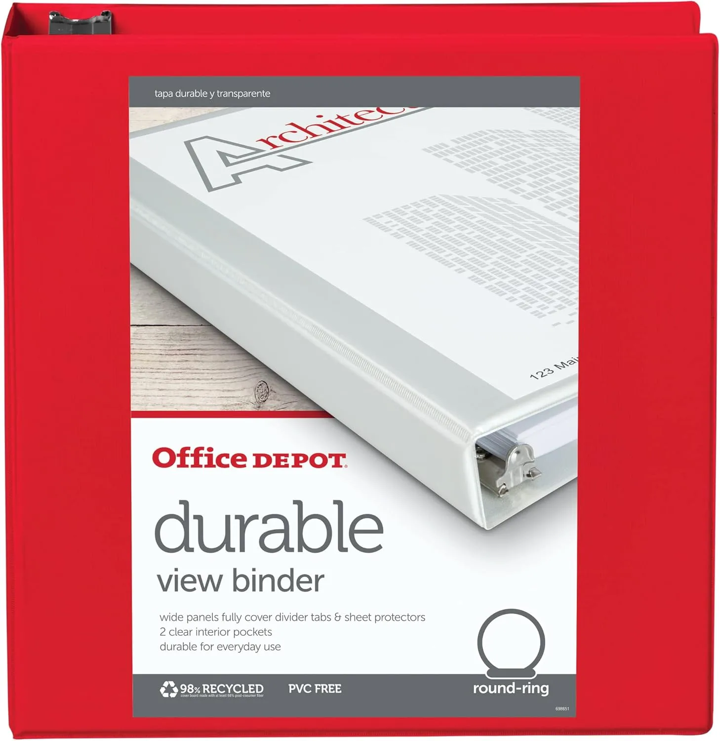 Office Depot Nonstick Round-Ring View Binder, 2in. Rings, 100% Recycled, Red, OD06621