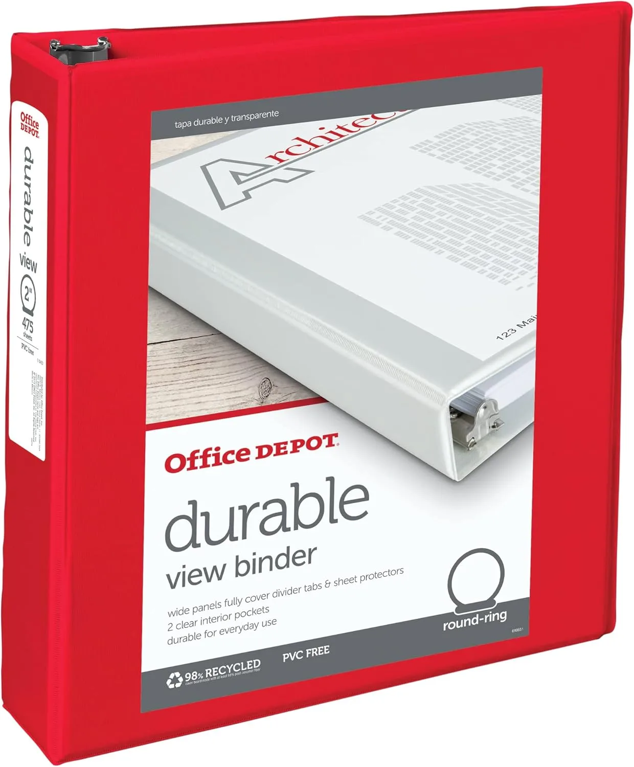 Office Depot Nonstick Round-Ring View Binder, 2in. Rings, 100% Recycled, Red, OD06621