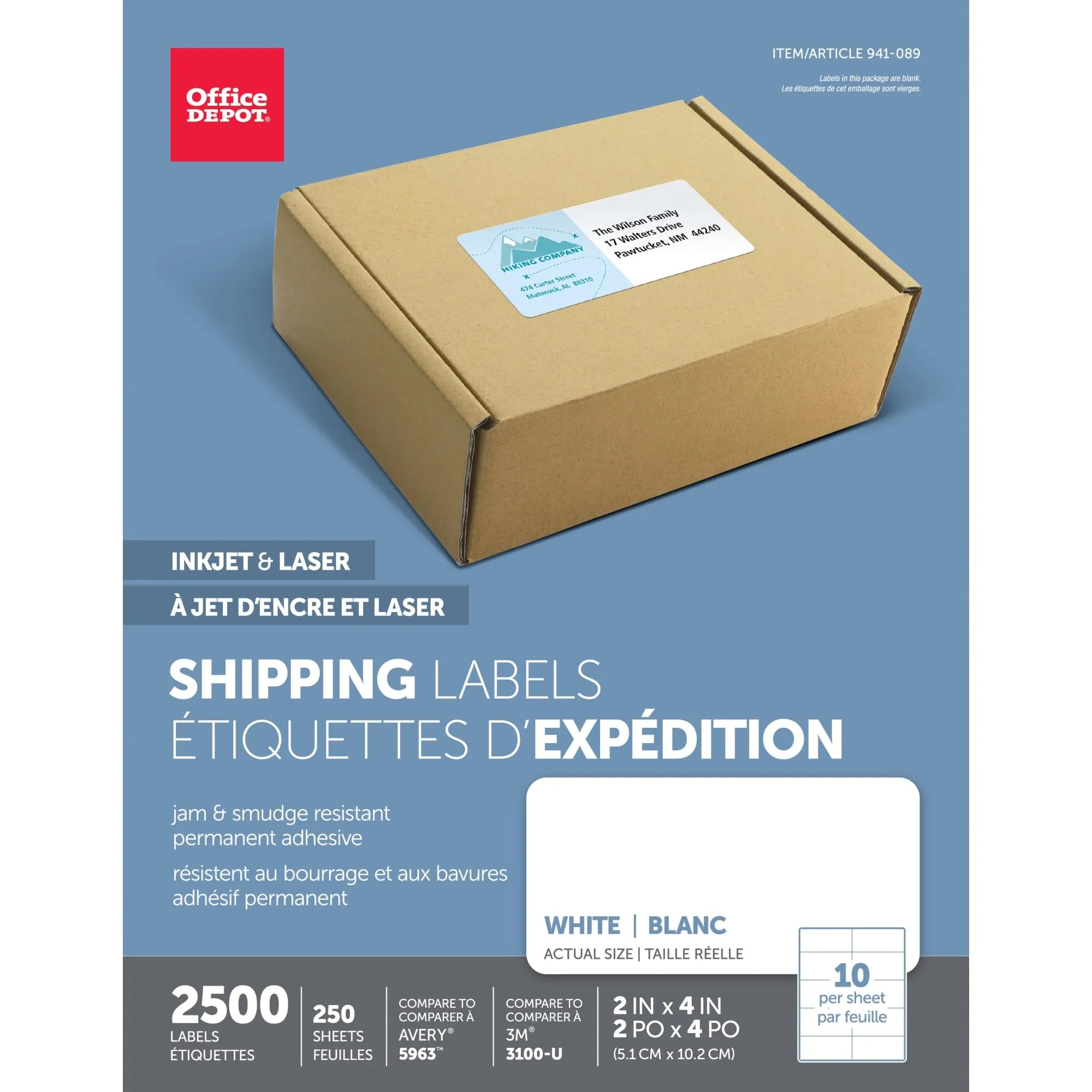 Office Depot White Laser Shipping Labels, 2in. x 4in., Pack of 2500, 505-O004-0020