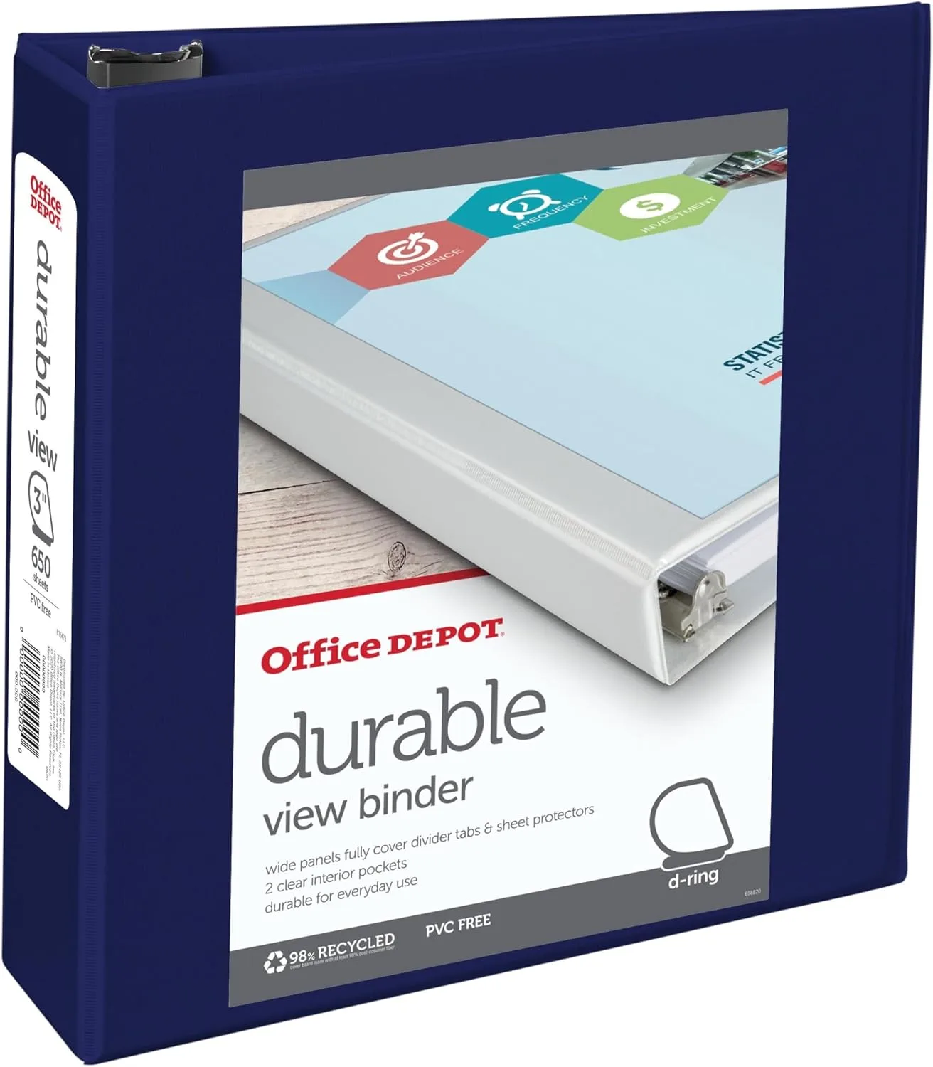 Office Depot® Brand Durable D-Ring View Binder, 3" Rings, 60% Recycled, Blue