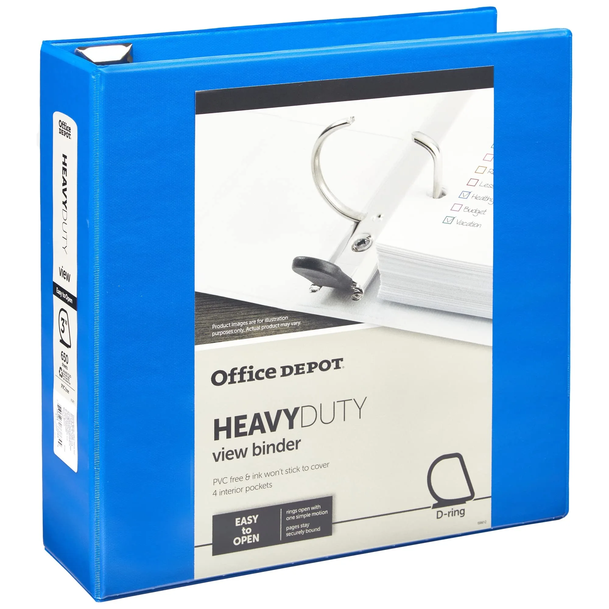 Office Depot® Brand Heavy-Duty Easy Open® D-Ring View Binder, 3" Rings, 54% Recycled, Blue