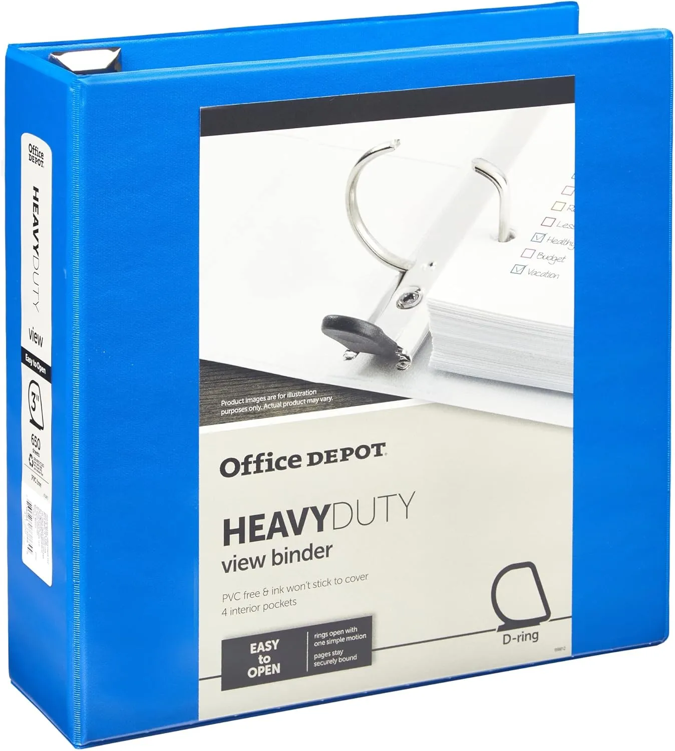 Office Depot® Brand Heavy-Duty Easy Open® D-Ring View Binder, 3" Rings, 54% Recycled, Blue