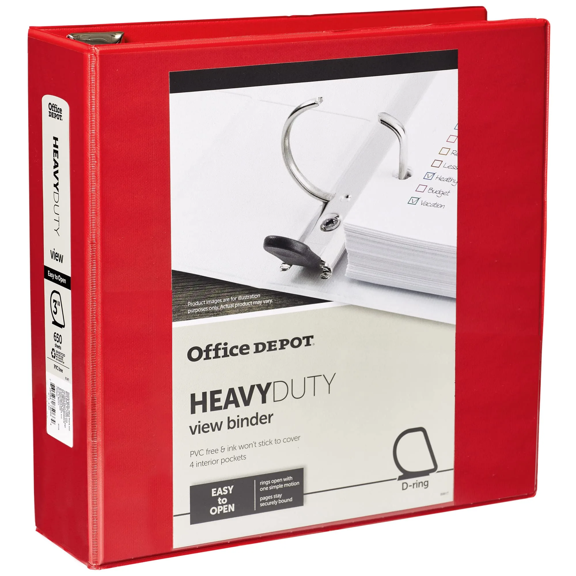 Office Depot® Brand Heavy-Duty Easy Open® D-Ring View Binder, 3" Rings, 54% Recycled, Red