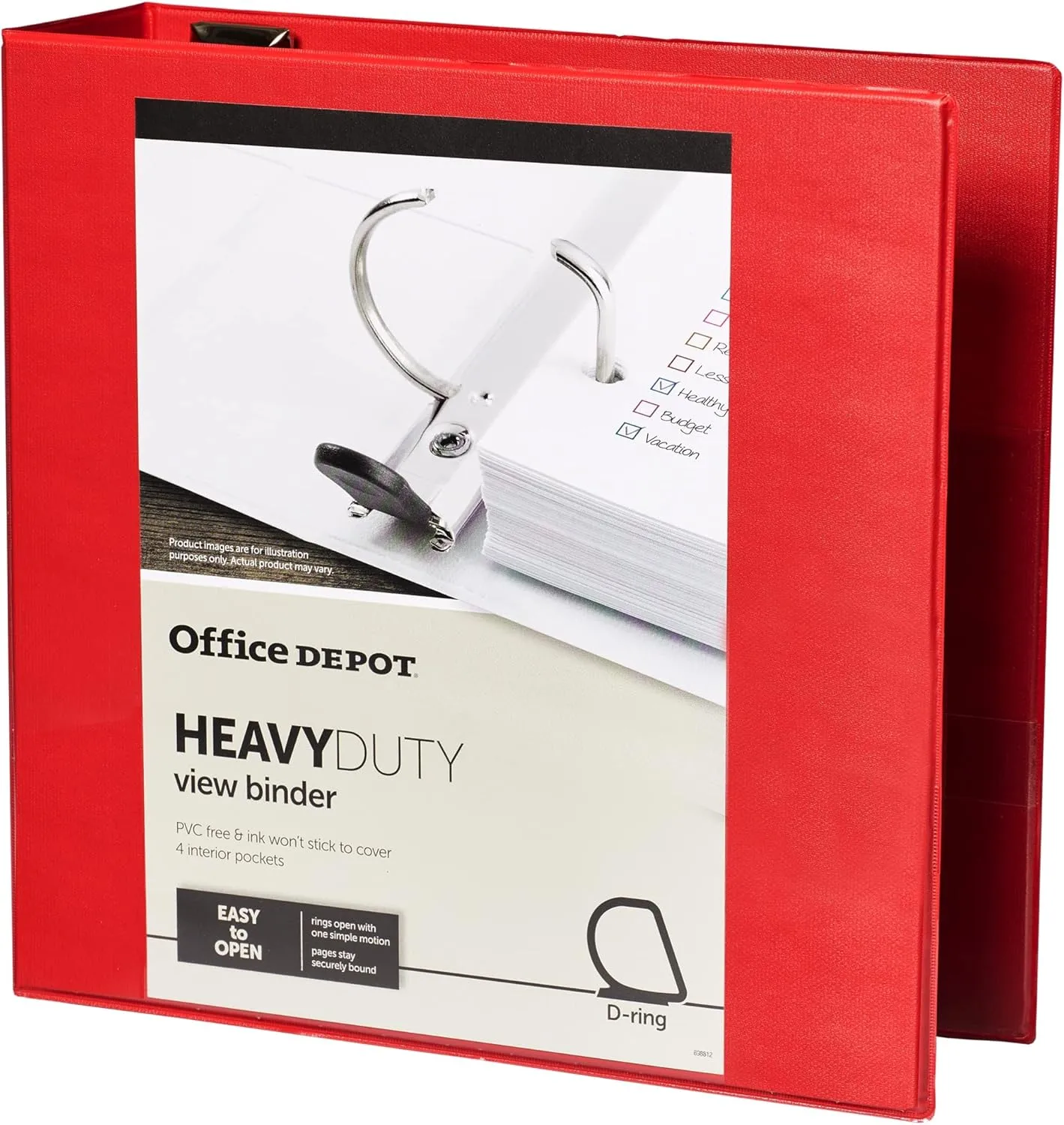 Office Depot® Brand Heavy-Duty Easy Open® D-Ring View Binder, 3" Rings, 54% Recycled, Red