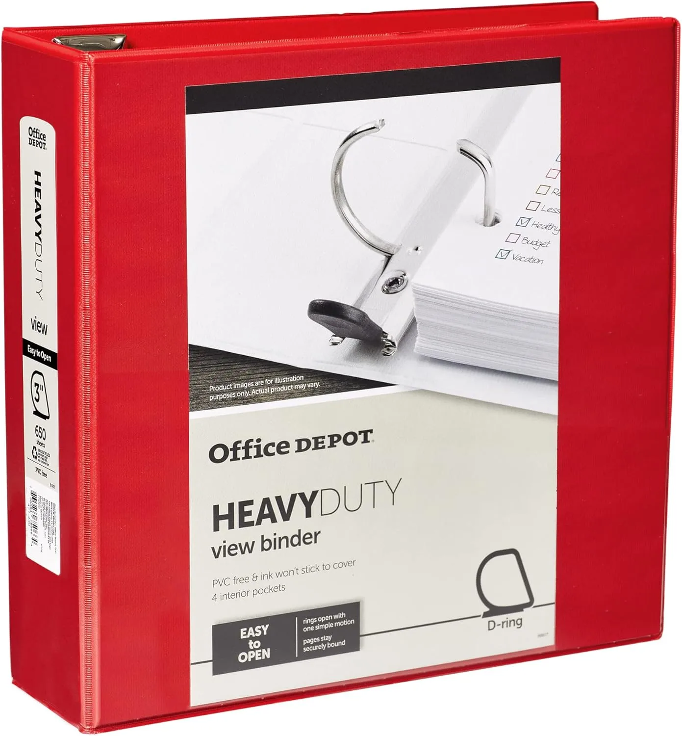 Office Depot® Brand Heavy-Duty Easy Open® D-Ring View Binder, 3" Rings, 54% Recycled, Red