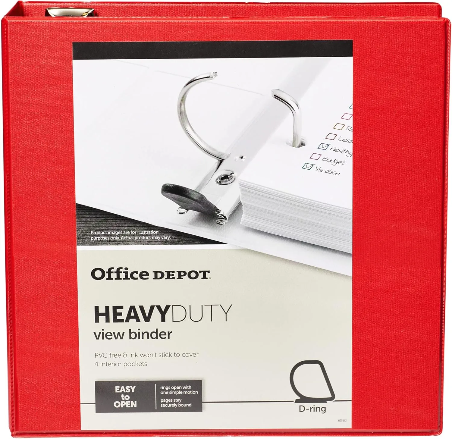 Office Depot® Brand Heavy-Duty Easy Open® D-Ring View Binder, 3" Rings, 54% Recycled, Red
