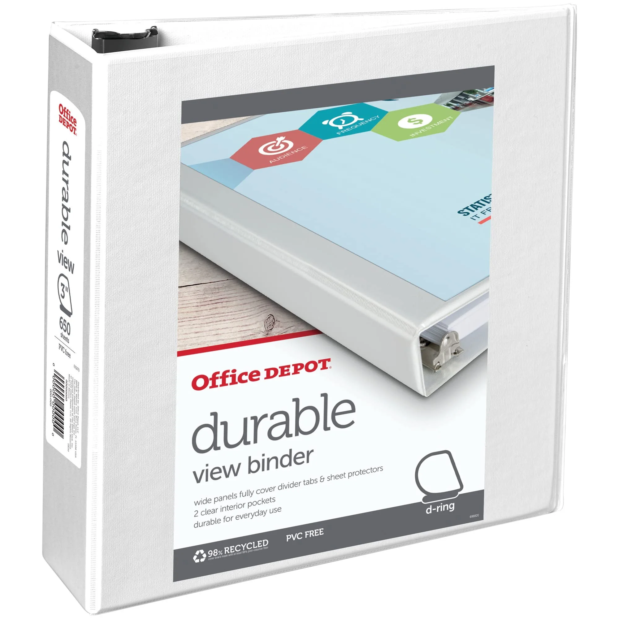 Office Depot Brand Durable View D-Ring Binder, 3in, White, 39% Recycled