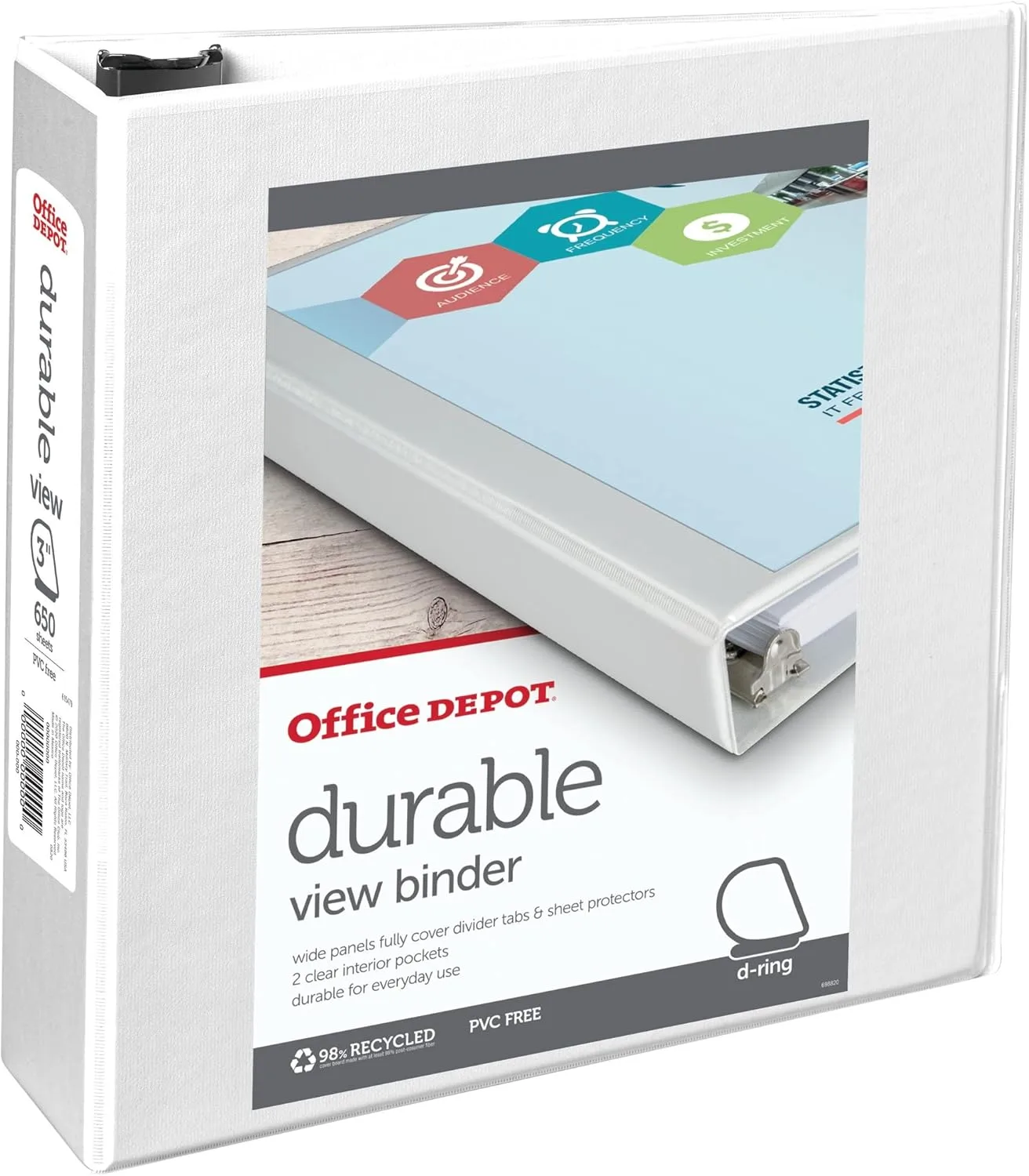 Office Depot Brand Durable View D-Ring Binder, 3in, White, 39% Recycled