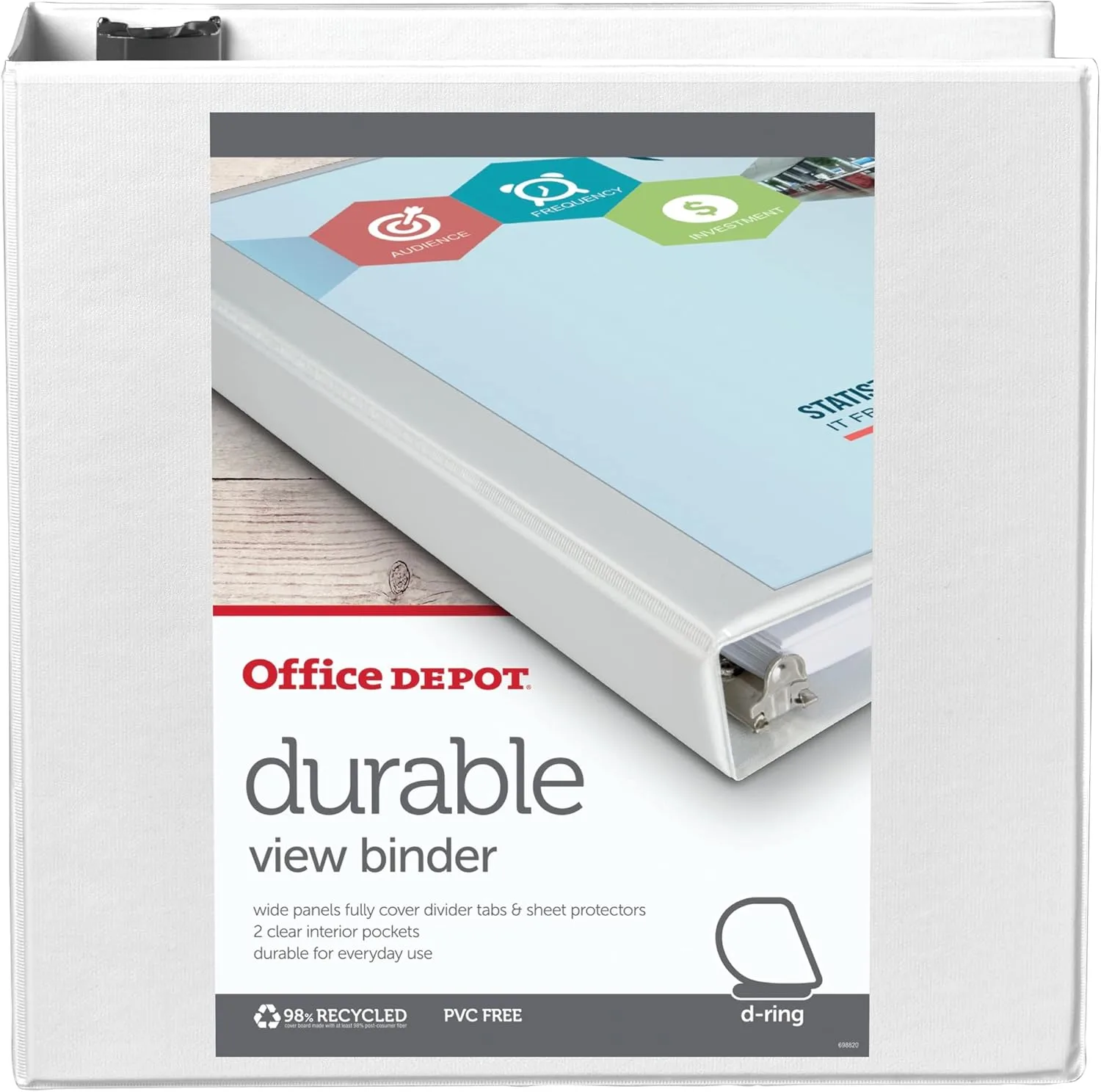 Office Depot Brand Durable View D-Ring Binder, 3in, White, 39% Recycled