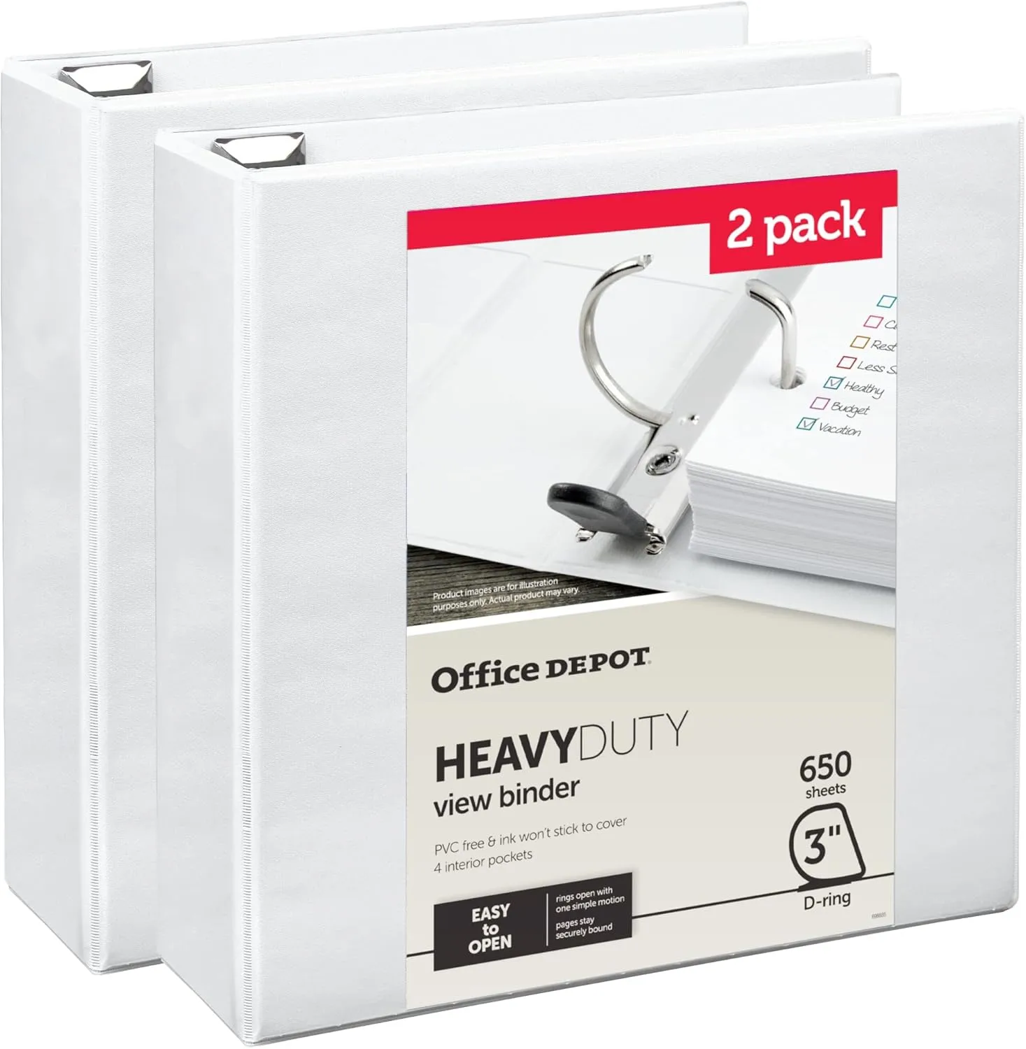Office Depot® Heavy-Duty View 3-Ring Binder, 3" D-Rings, White, 49% Recycled, Pack Of 2