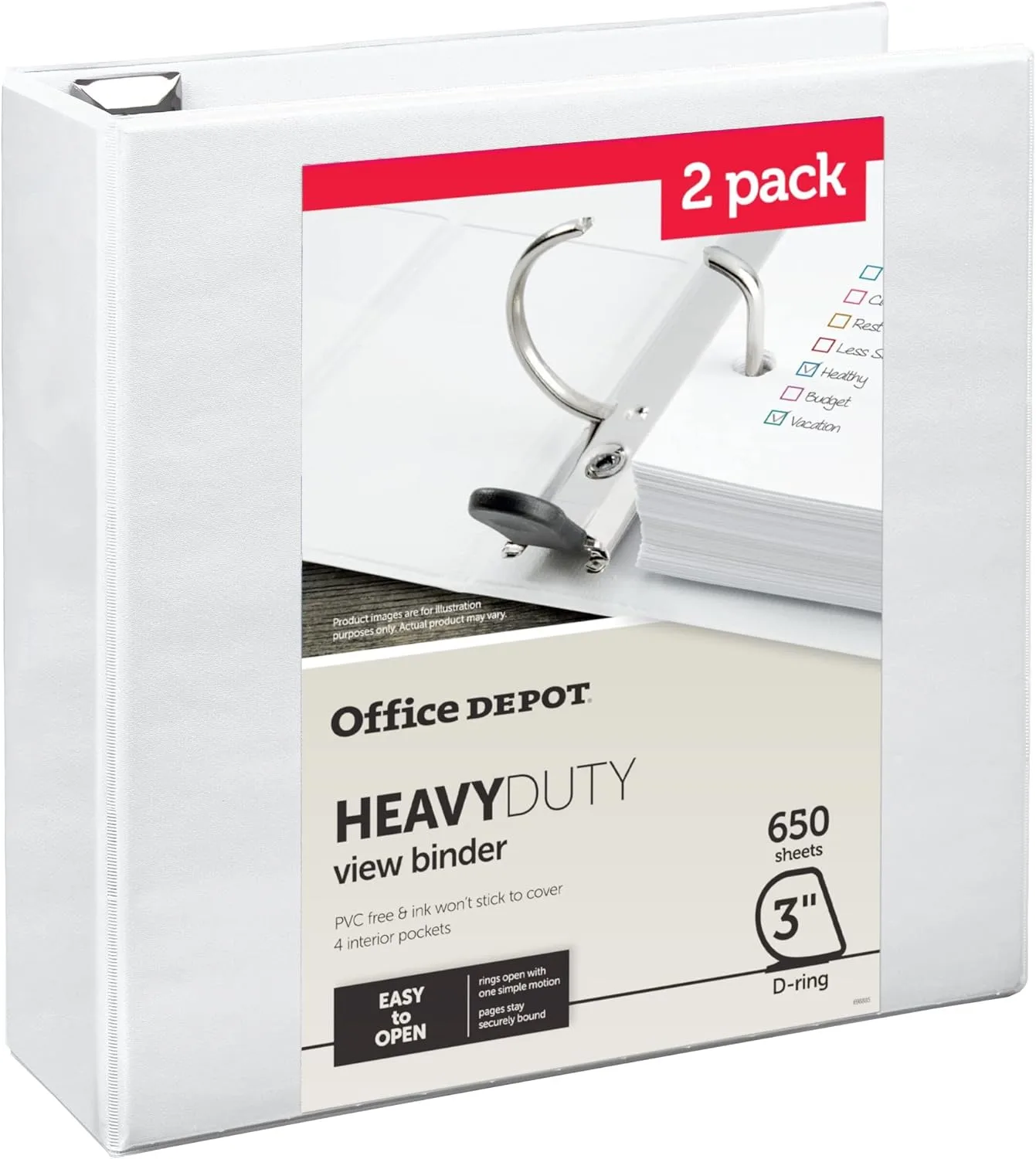 Office Depot® Heavy-Duty View 3-Ring Binder, 3" D-Rings, White, 49% Recycled, Pack Of 2