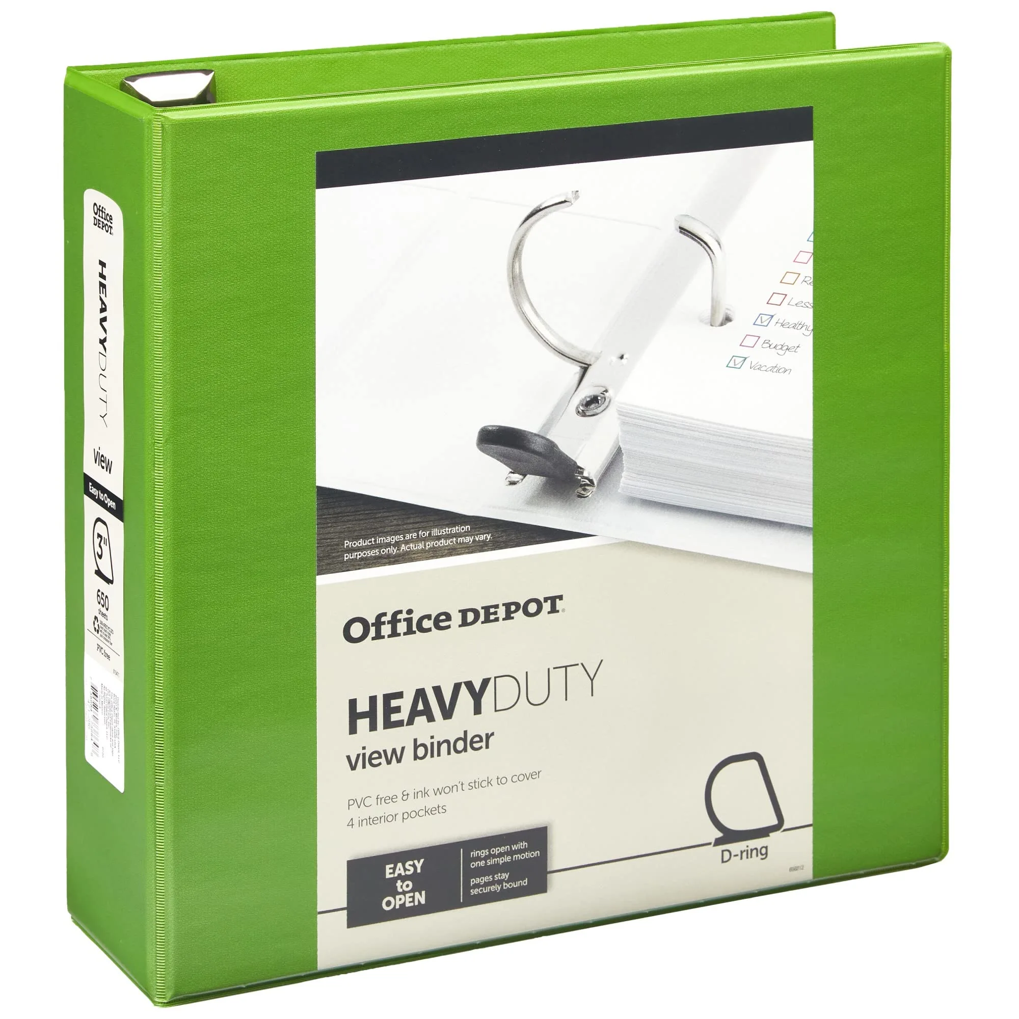 Office Depot® Brand Heavy-Duty Easy Open® D-Ring View Binder, 3" Rings, 59% Recycled, Army Green