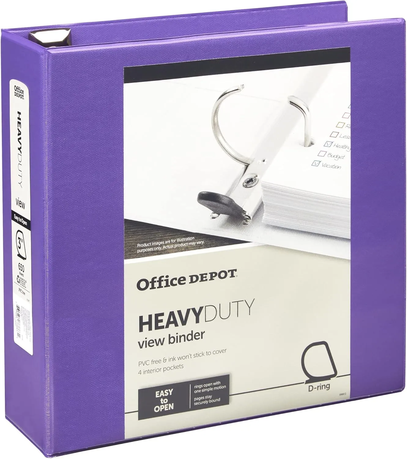 Office Depot® Brand Heavy-Duty D-Ring View Binder, 3" Rings, 54% Recycled, Purple