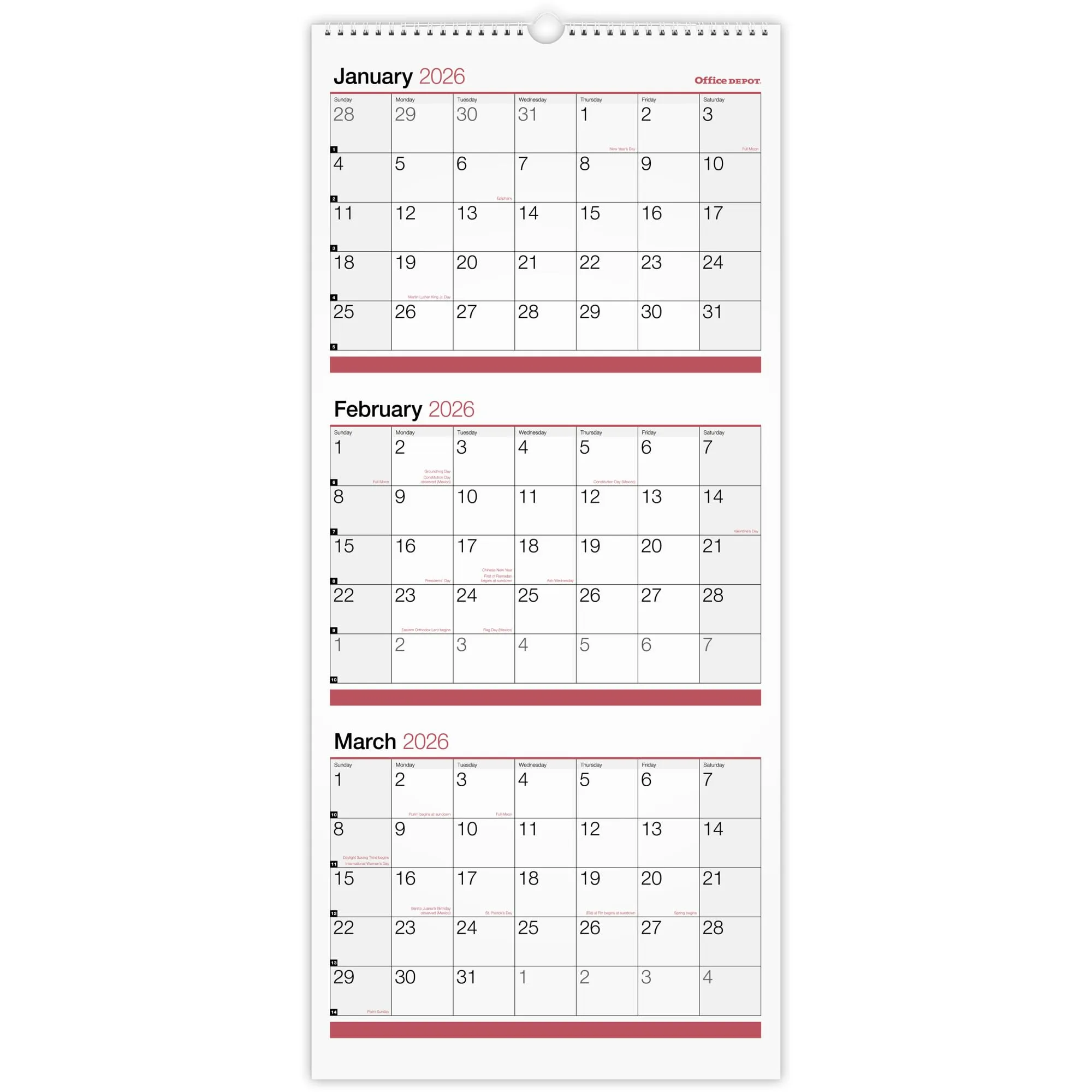 Office Depot Brand 3-Month Monthly Wall Calendar, 12" x 27", White, January 2026 to December 2026, OD30302826