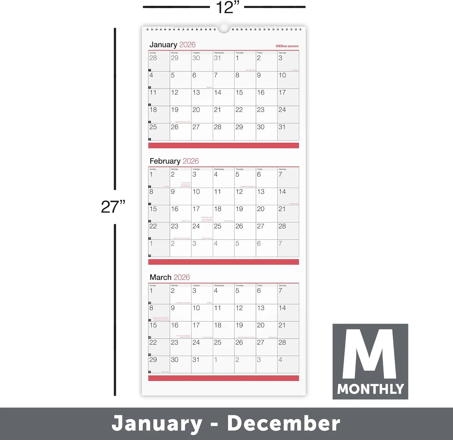 Office Depot Brand 3-Month Monthly Wall Calendar, 12" x 27", White, January 2026 to December 2026, OD30302826