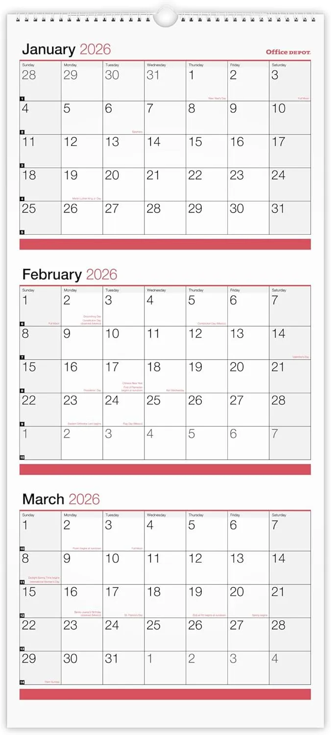 Office Depot Brand 3-Month Monthly Wall Calendar, 12" x 27", White, January 2026 to December 2026, OD30302826