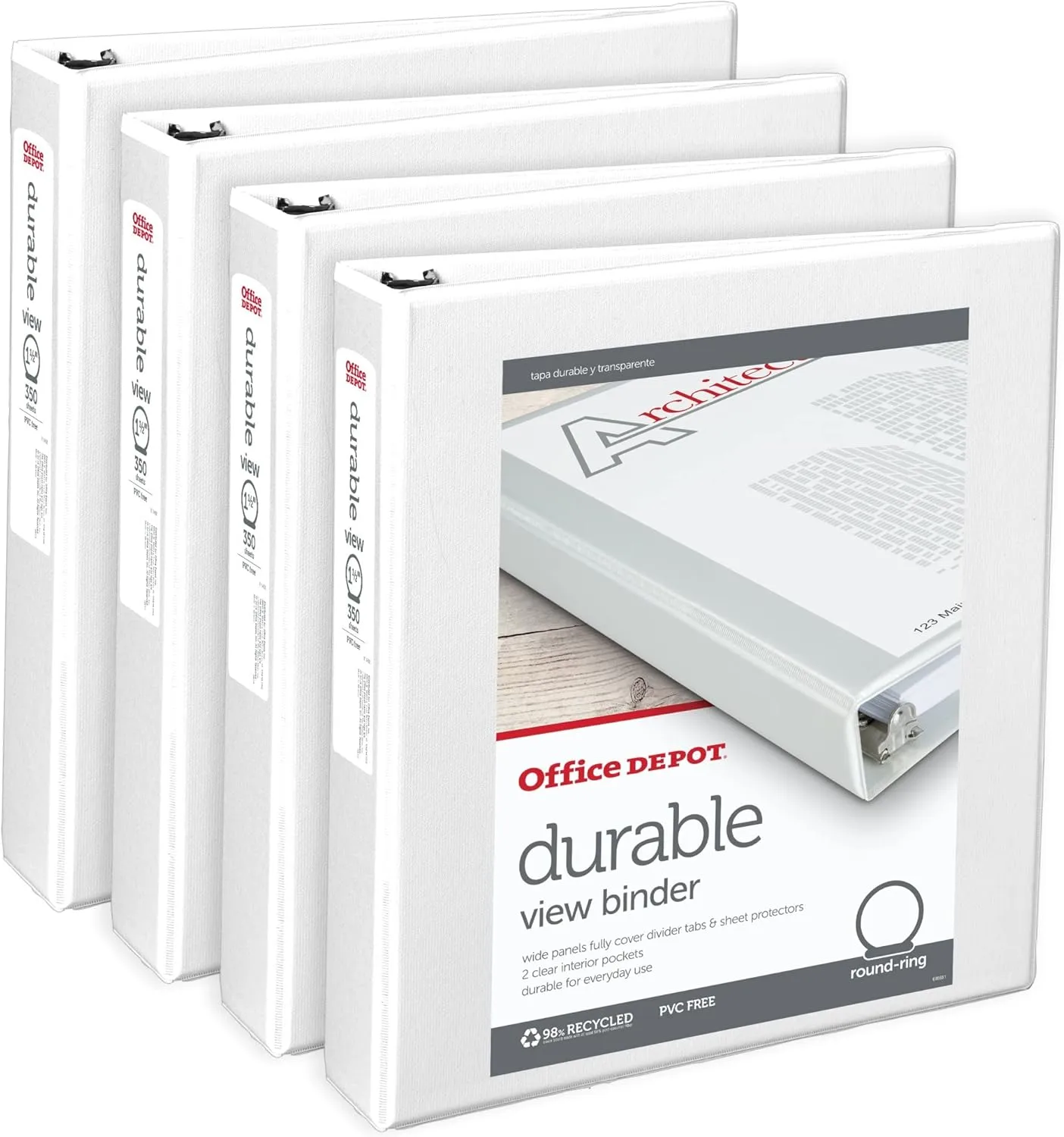 Office Depot® Brand Durable View 3-Ring Binder, 1 1/2" Round Rings, White, Pack Of 4