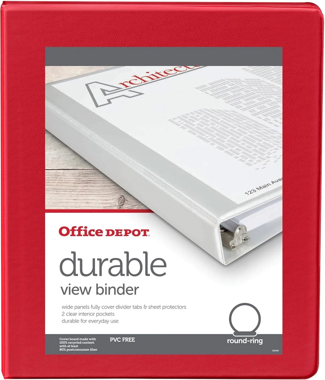 Office Depot® Brand 3-Ring Durable View Binder, 1/2" Round Rings, Red