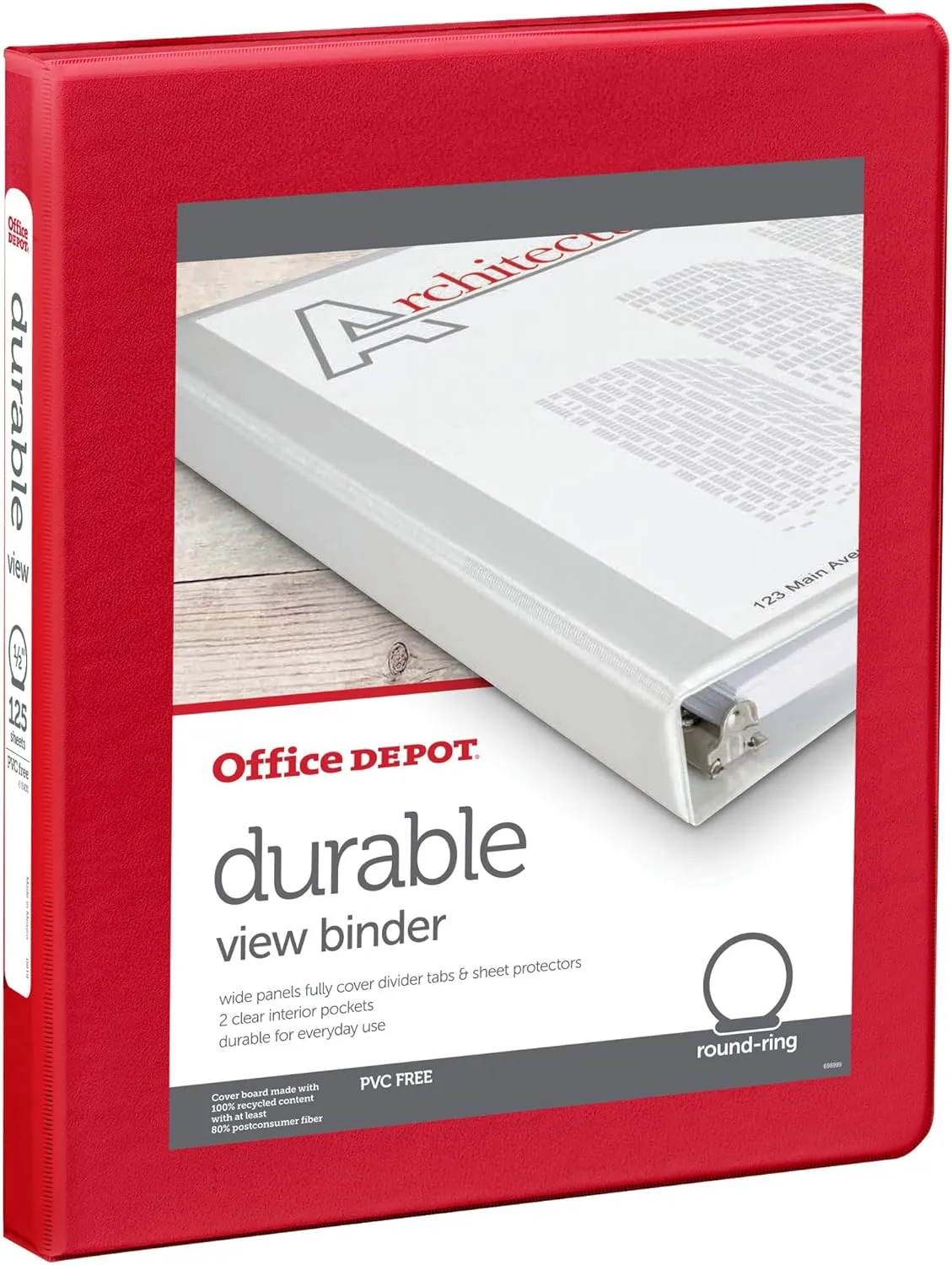 Office Depot® Brand 3-Ring Durable View Binder, 1/2" Round Rings, Red
