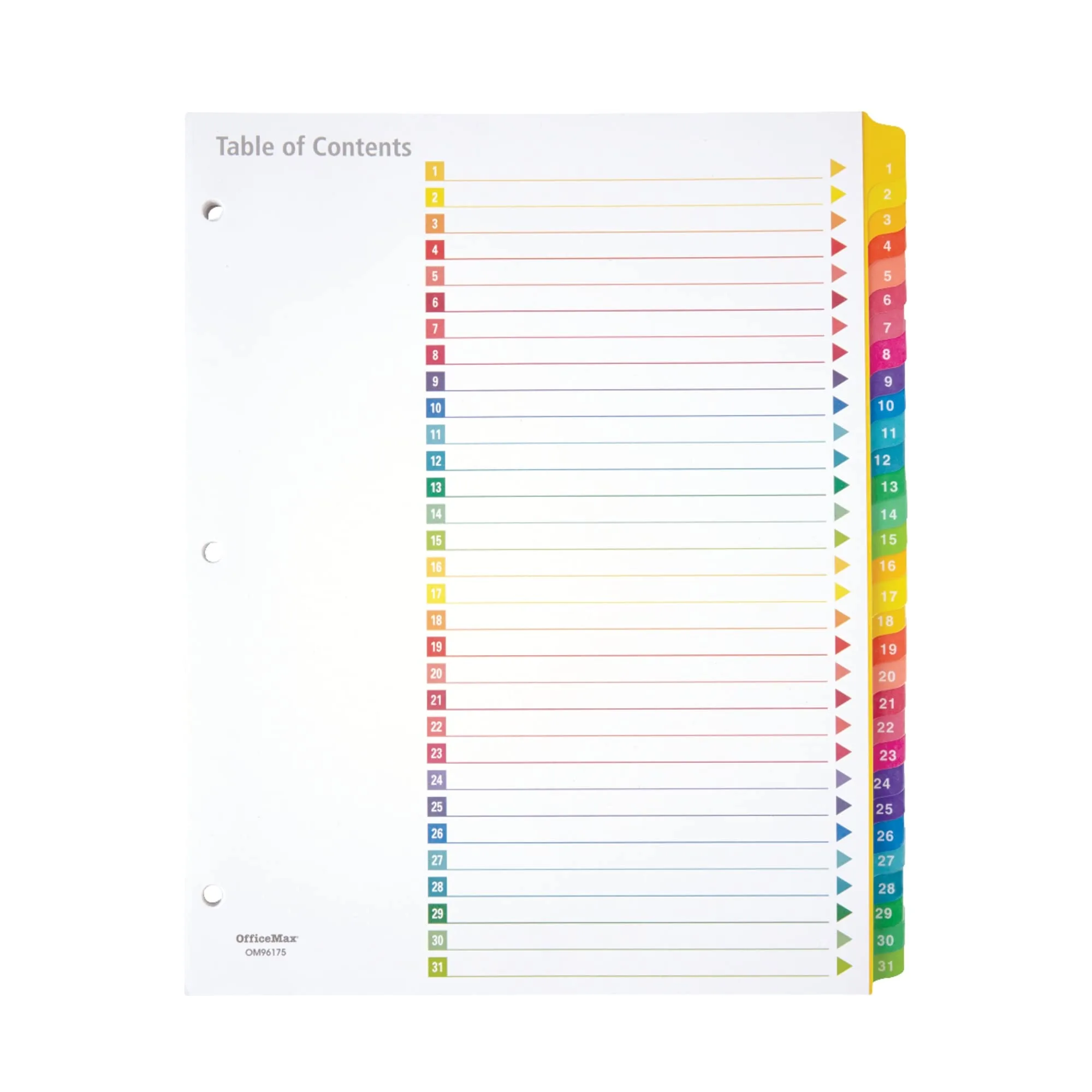 Office Depot Table of Contents Customizable Index with Preprinted Tabs, Assorted Colors, Numbered 1-31, 14707
