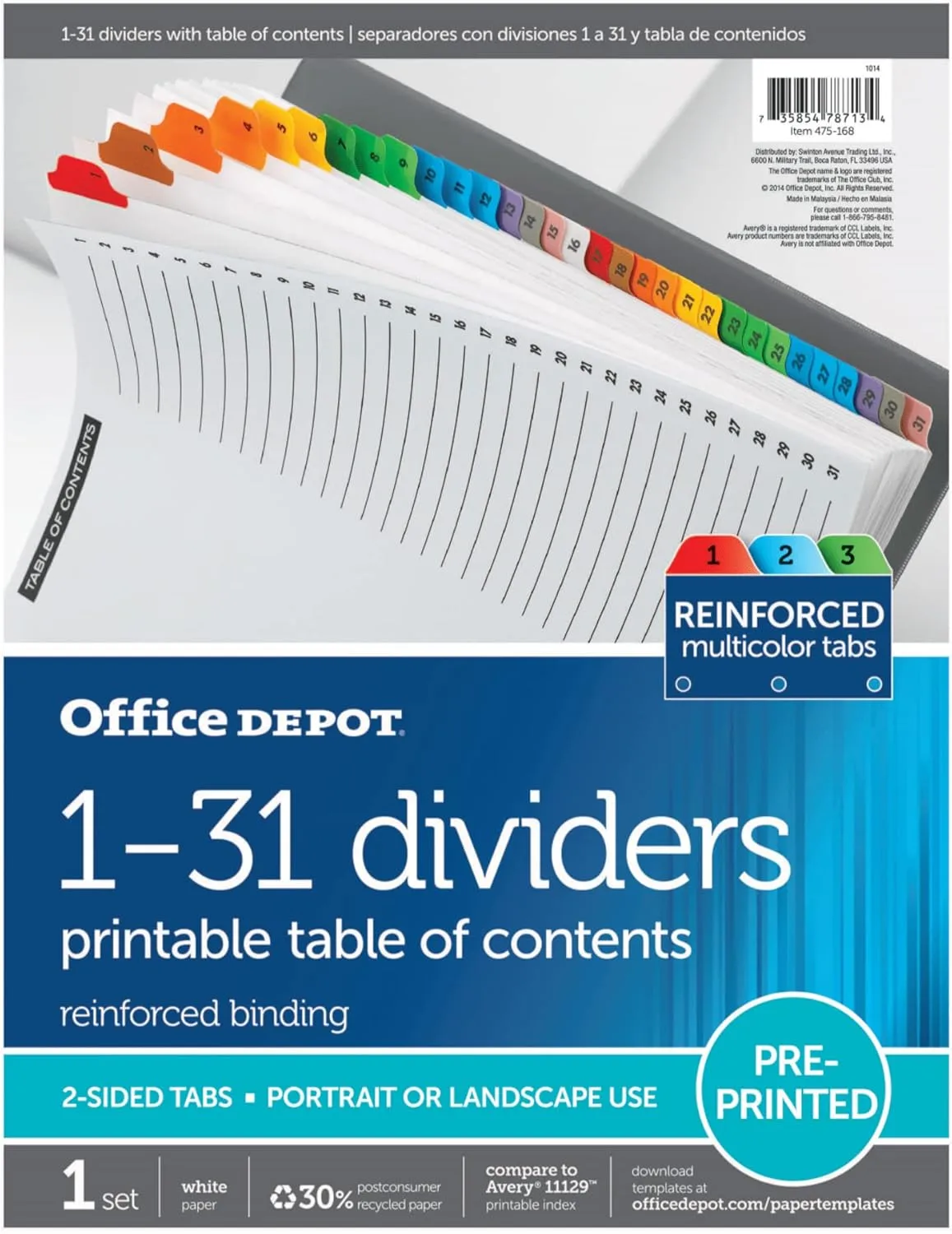 Office Depot Table of Contents Customizable Index with Preprinted Tabs, Assorted Colors, Numbered 1-31, 14707