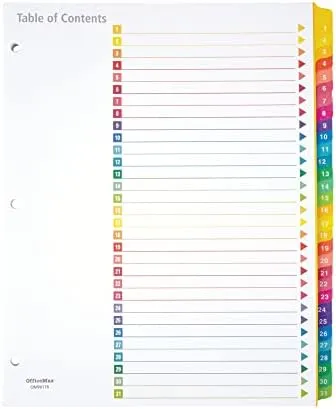 Office Depot Table of Contents Customizable Index with Preprinted Tabs, Assorted Colors, Numbered 1-31, 14707