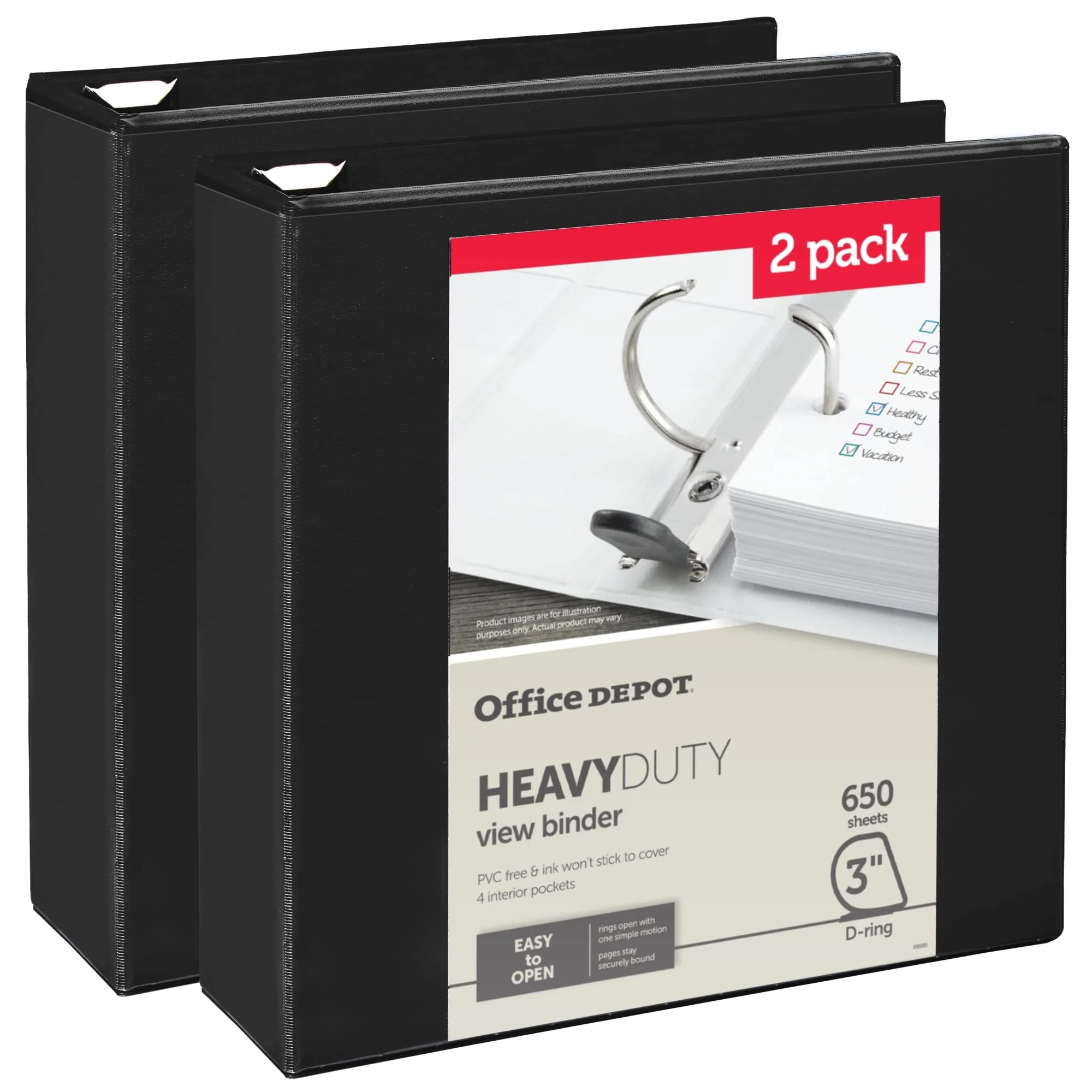 Office Depot Heavy-Duty View 3in D-Ring Binder, Black, 49% Recycled, Pack of 2