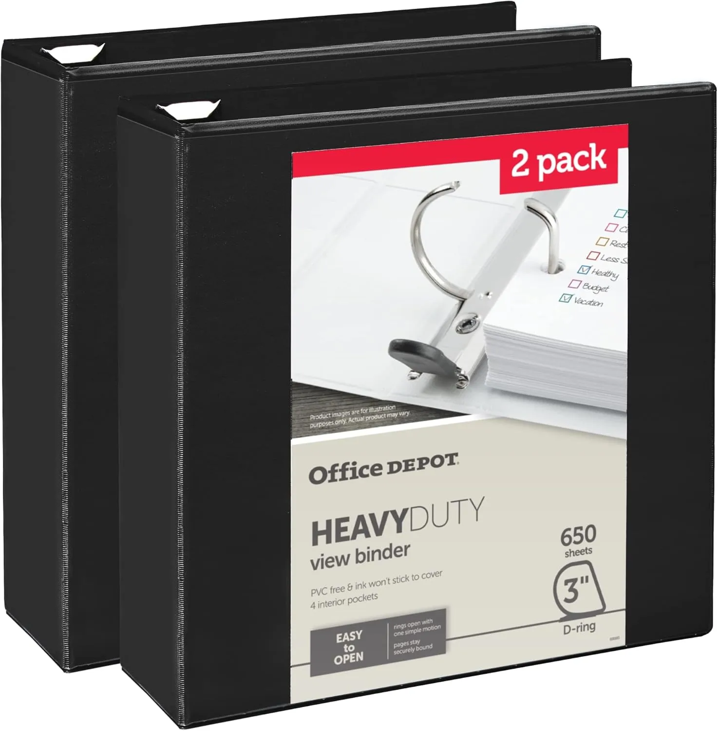 Office Depot Heavy-Duty View 3in D-Ring Binder, Black, 49% Recycled, Pack of 2