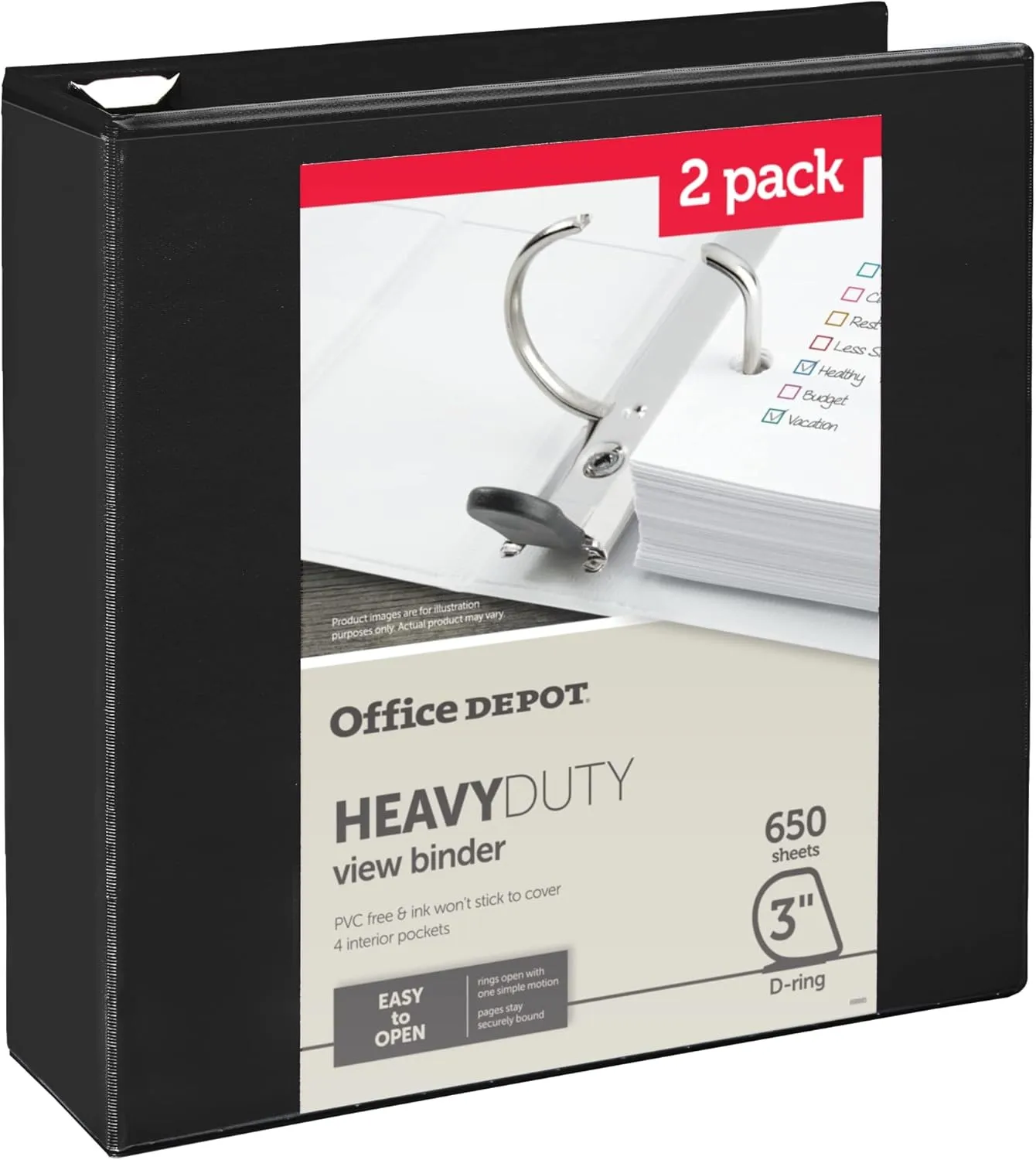 Office Depot Heavy-Duty View 3in D-Ring Binder, Black, 49% Recycled, Pack of 2
