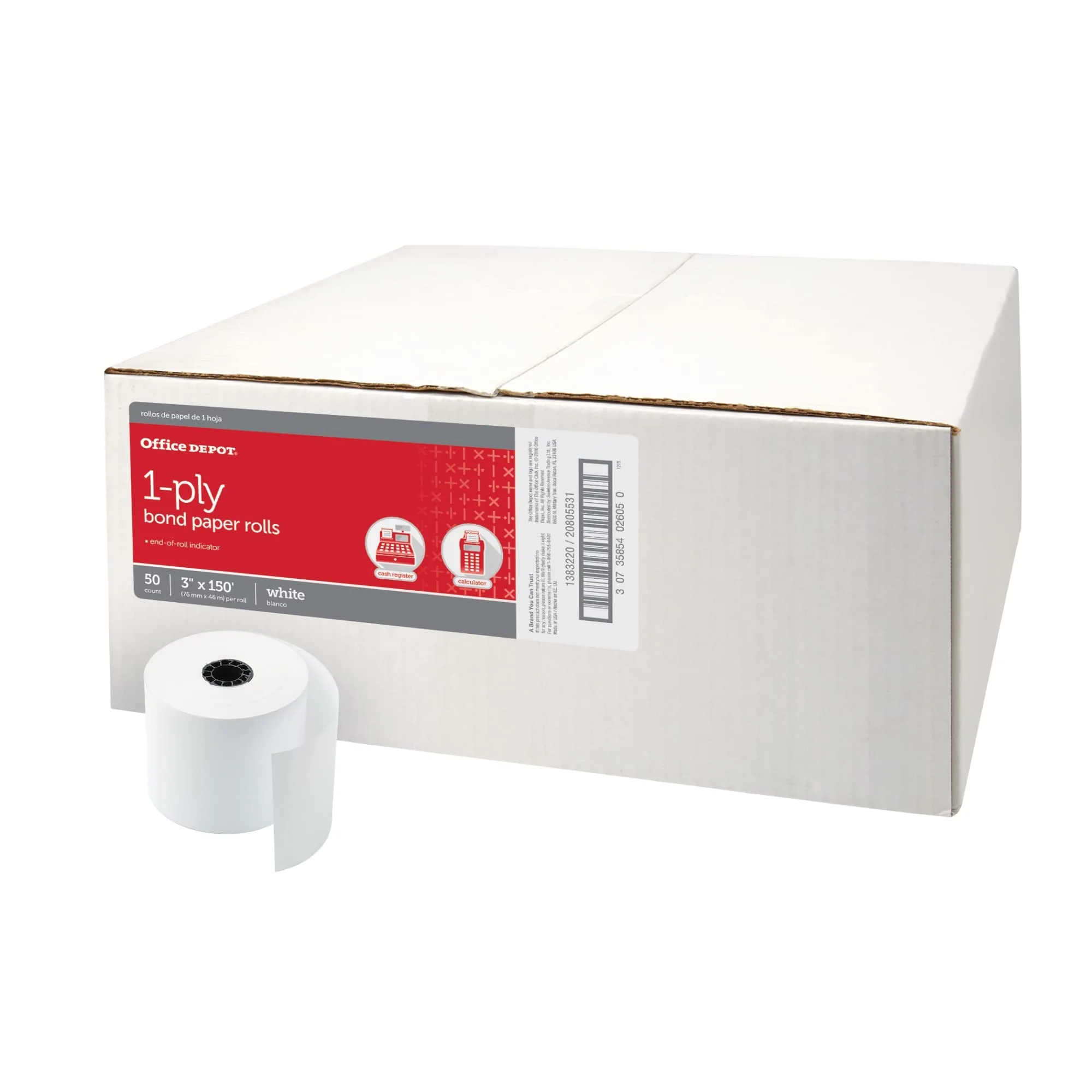 Office Depot Single-Ply Paper Rolls, 3in x 150ft, White, Carton of 50