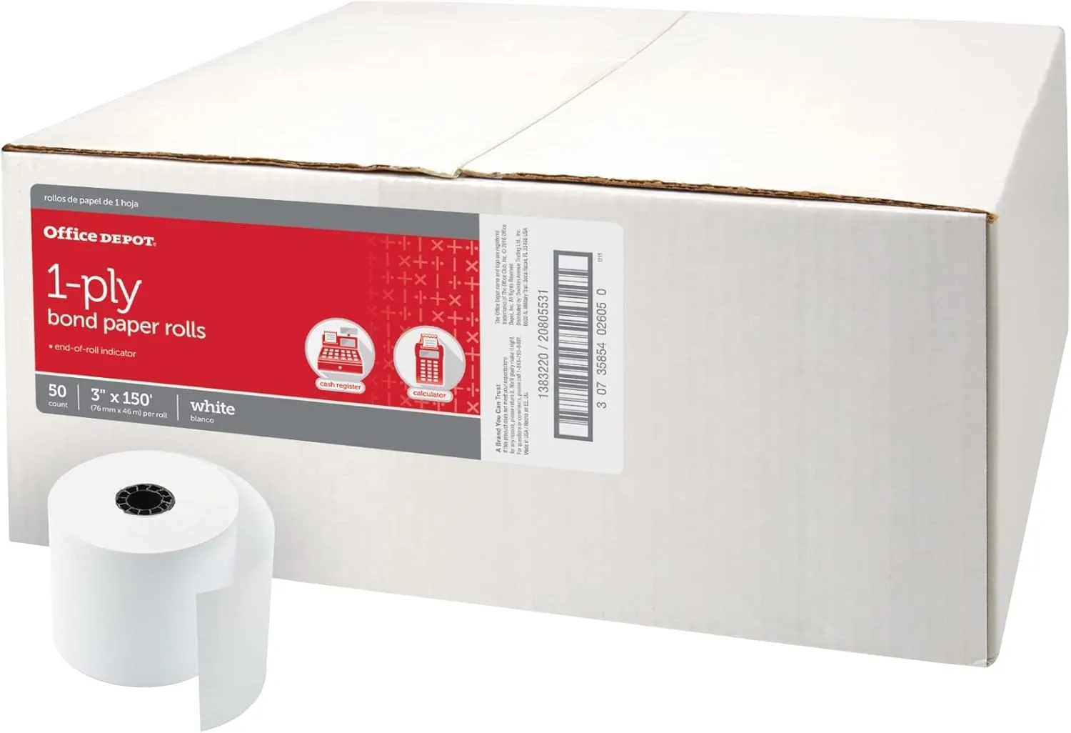 Office Depot Single-Ply Paper Rolls, 3in x 150ft, White, Carton of 50