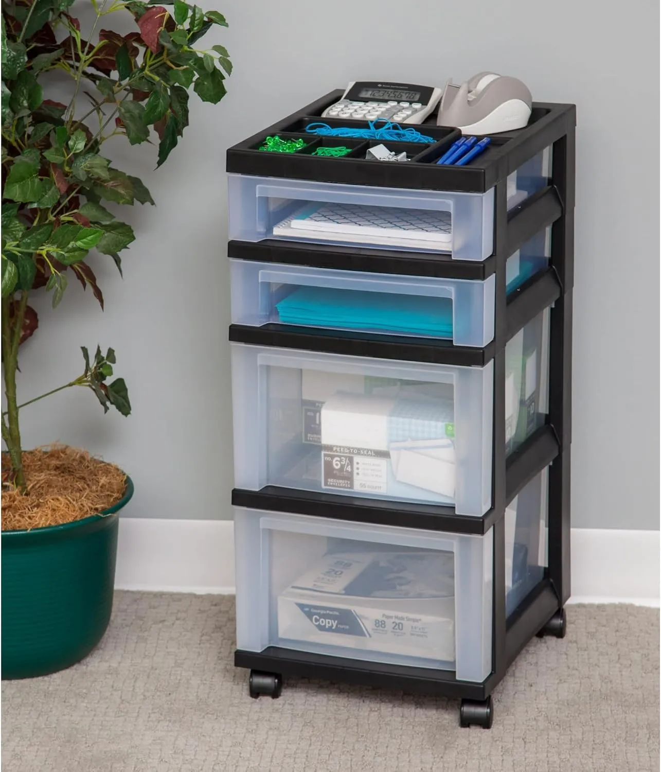 Office Depot 4-Drawer Plastic Storage Cart, 26 7/16in H x 12 1/16in W x 14 1/4in D, Black
