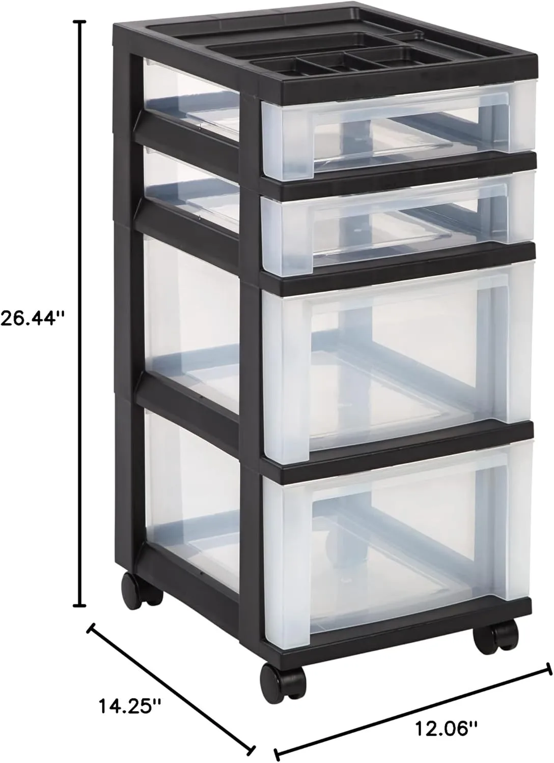 Office Depot 4-Drawer Plastic Storage Cart, 26 7/16in H x 12 1/16in W x 14 1/4in D, Black