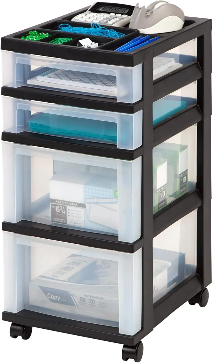 Office Depot 4-Drawer Plastic Storage Cart, 26 7/16in H x 12 1/16in W x 14 1/4in D, Black