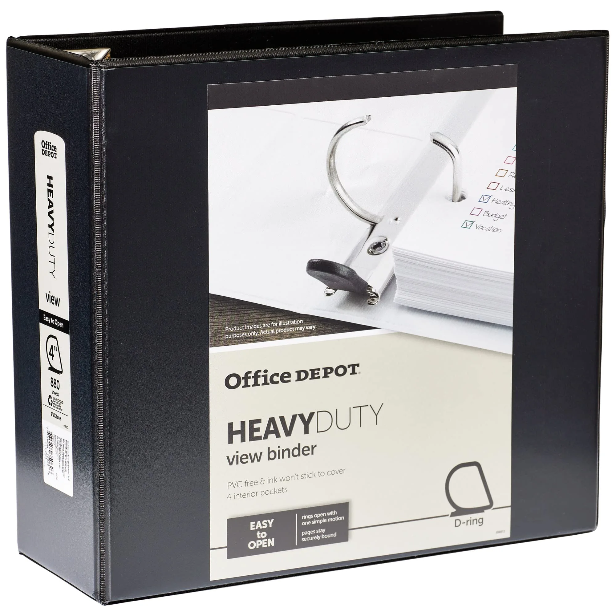 Office Depot Heavy-Duty View 3-Ring Binder, 4in D-Rings, Black