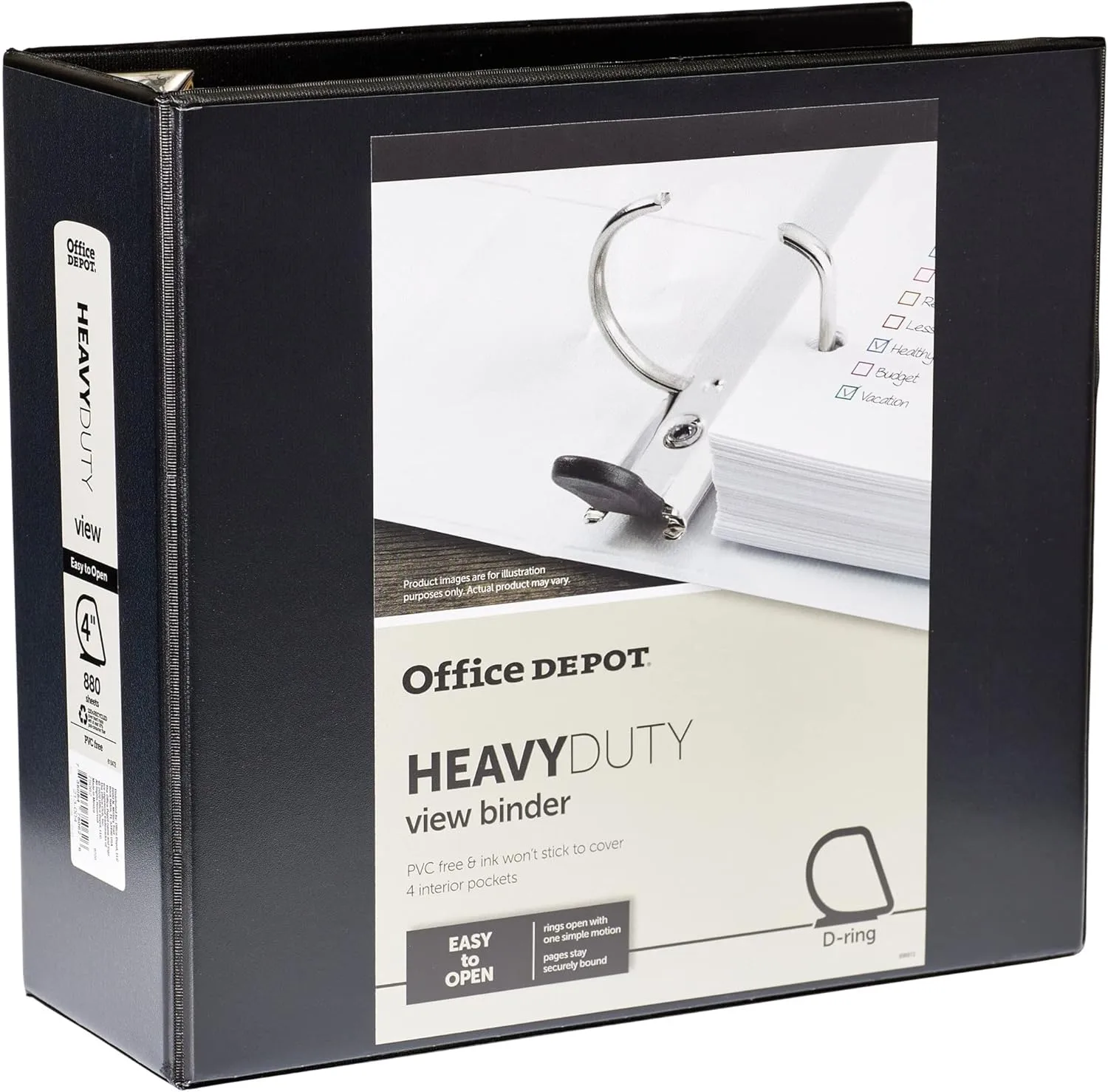 Office Depot Heavy-Duty View 3-Ring Binder, 4in D-Rings, Black