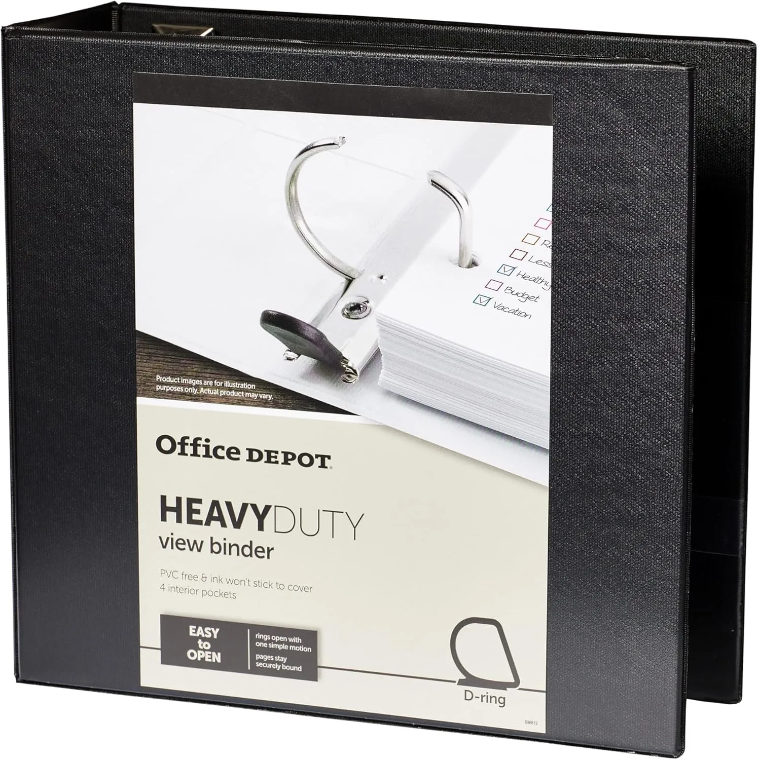 Office Depot Heavy-Duty View 3-Ring Binder, 4in D-Rings, Black
