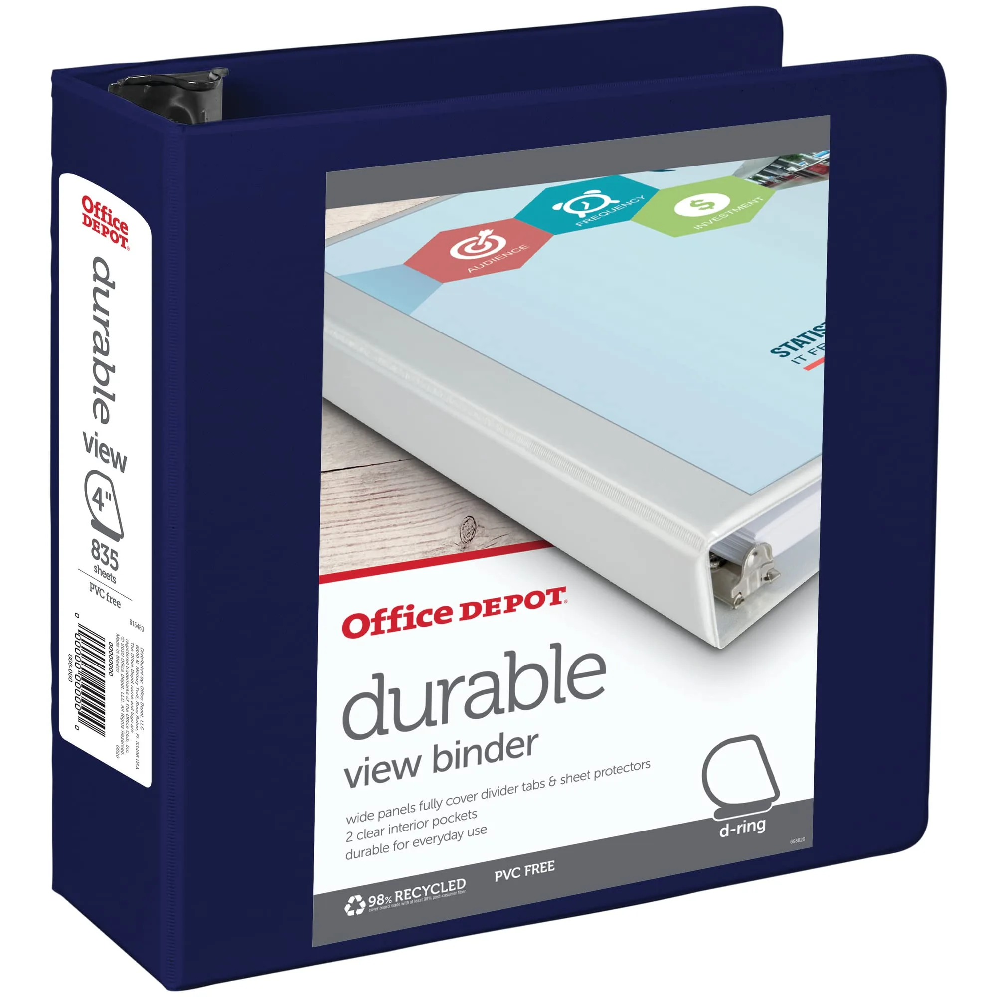 Office Depot® Brand Durable D-Ring View Binder, 4" Rings, 60% Recycled, Blue